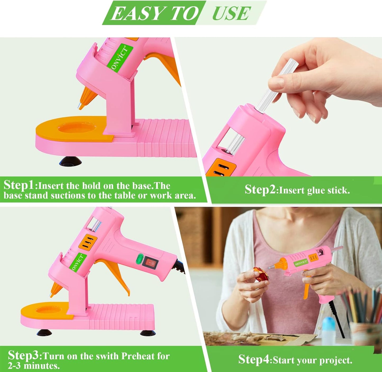 MONVICT Pink Hot Glue Gun Kit, Mini Glue Gun with Suction Cups Stand Anti Stick Silicone Mat, Hot Melt Glue Gun with Fine Tip & 30 Glue Sticks, On/Off Switch Design for DIY, Craft, Home School Project