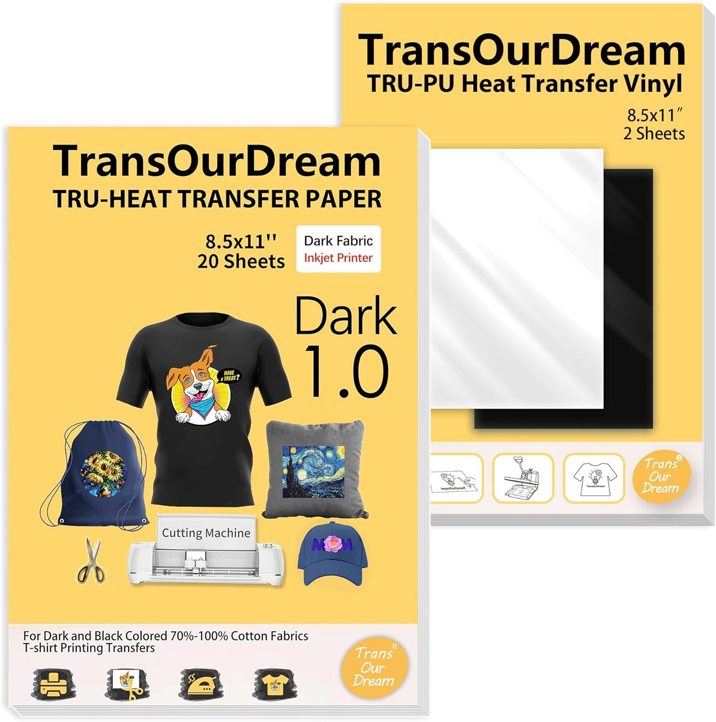 TransOurDream Tru-Iron on Heat Transfer Paper for Dark Fabric (20+2 Sheets, 8.5x11") Printable Iron on Transfers Paper for Inkjet Printer & Heat Transfer Vinyl for T Shirts (D1-BW-22)