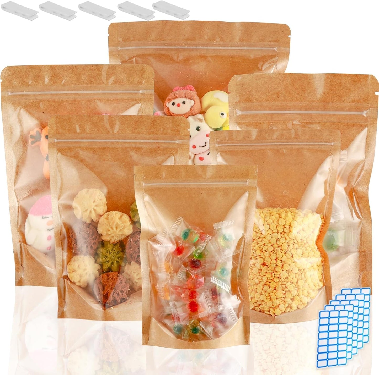 300-Pack Kraft Paper Bags with Clear Window 5" x 8" Reclosable Small Stand Up Mylar Bags for Food Storage Resealable Smell Proof Pouch, Edible Packaging, Reusable bags for Small Business