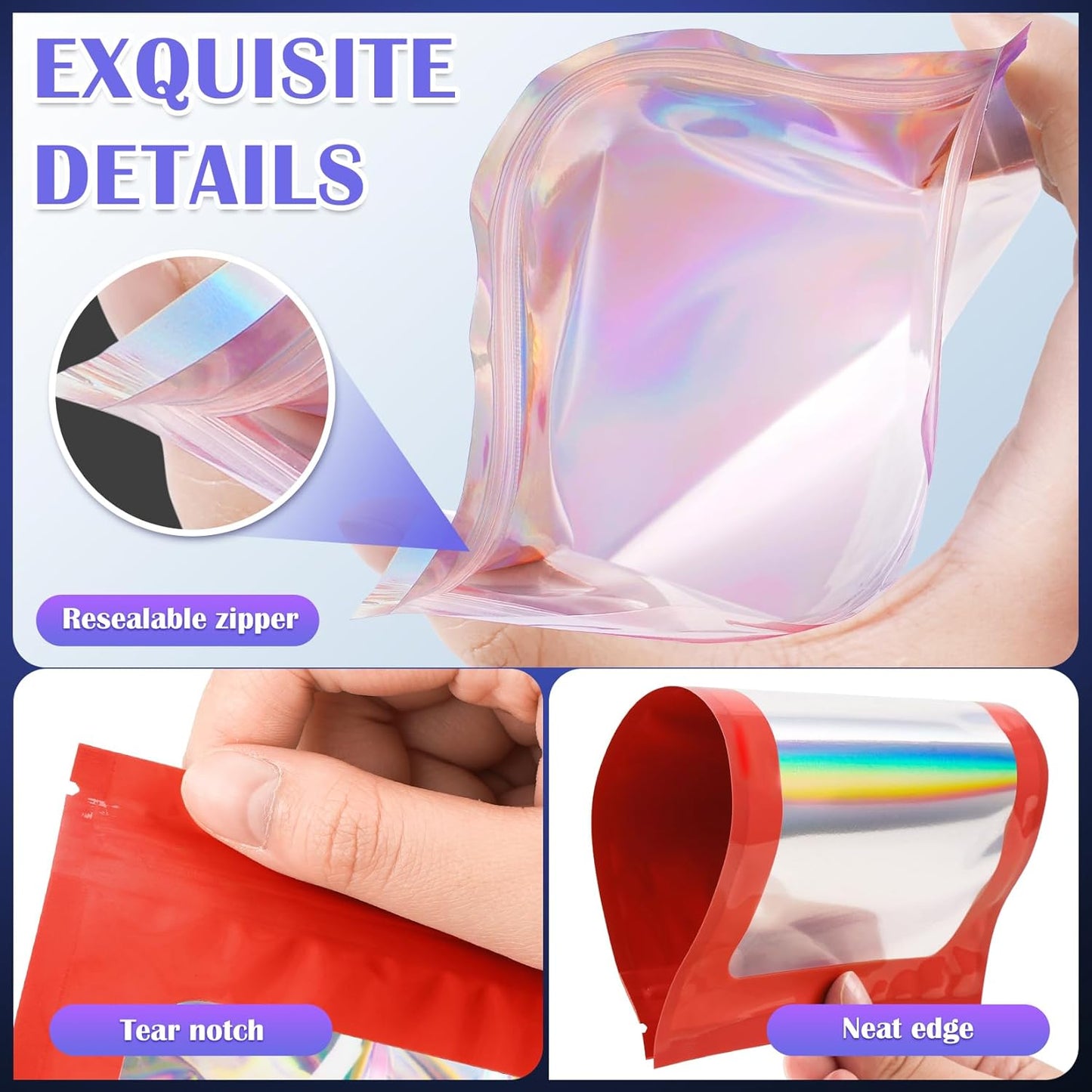 100 Pcs Mylar Bags, Smell Proof Bags Foil Pouch, Holographic Resealable Bags for Small Business, Candy Sample Jewelry Bag Sealable Packaging for Party Favor Food Storage (2.4x3.9in-Red)
