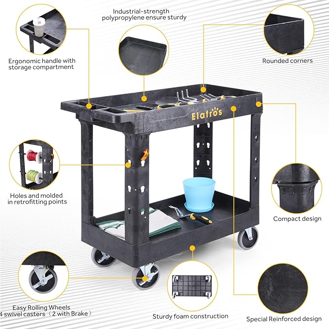 ELAFROS Heavy Duty Plastic Utility Cart 34 x 17 Inch - Image 4