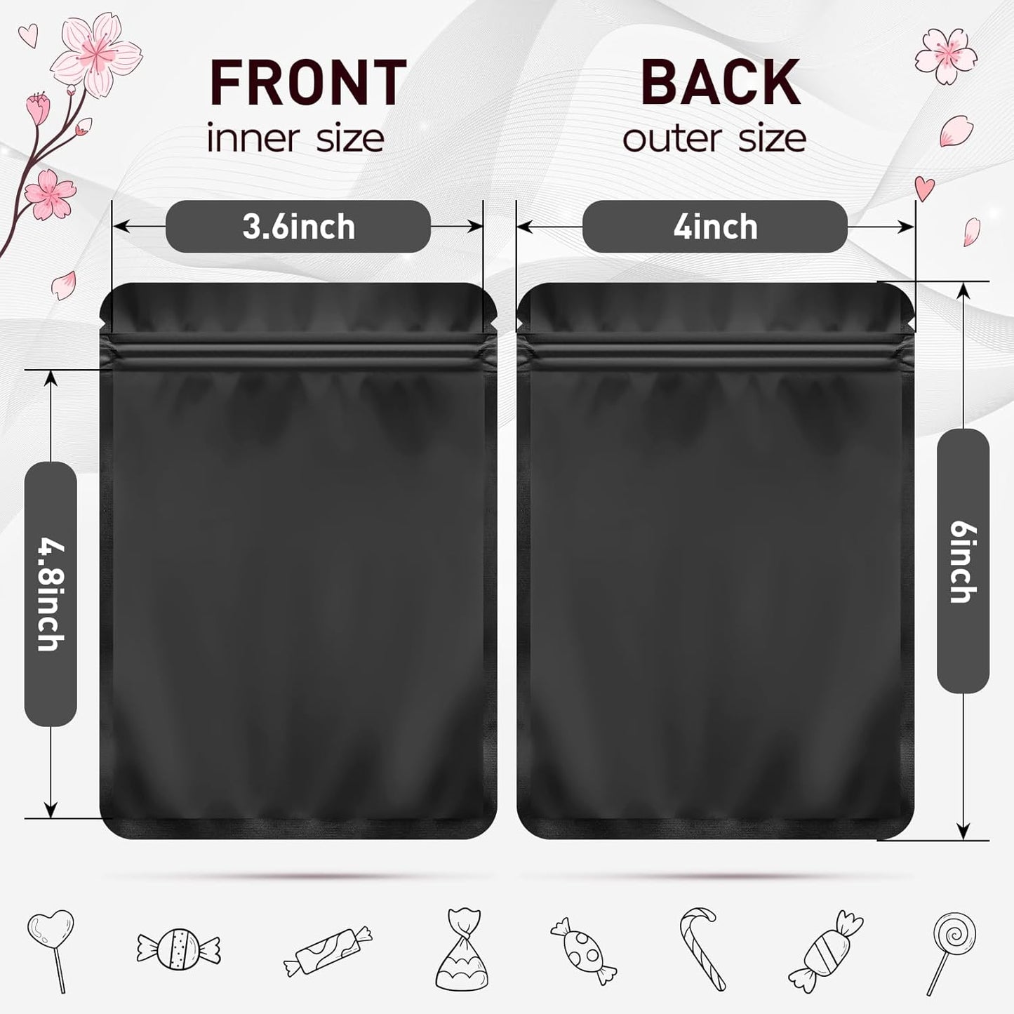 Funfery 100 Pack Black Mylar Packaging Bags Resealable Bags Double Sided Color Odor Proof Pouch Baggies Smell Proof Foil Bag for Food Storage,Small Business(Black,4x6inch)