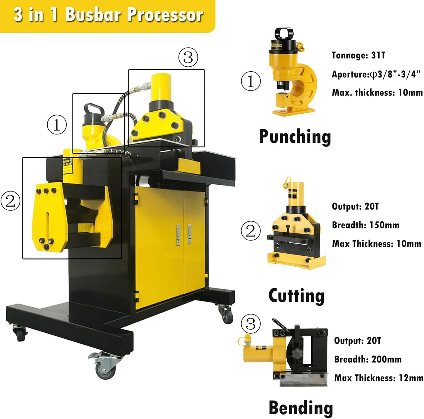 INTSUPERMAI 3 in 1 Busbar Processor Machine Hydraulic Punching Bending Cutting Machine Copper Busbar Processor Cutting, Punching, flating bend110V