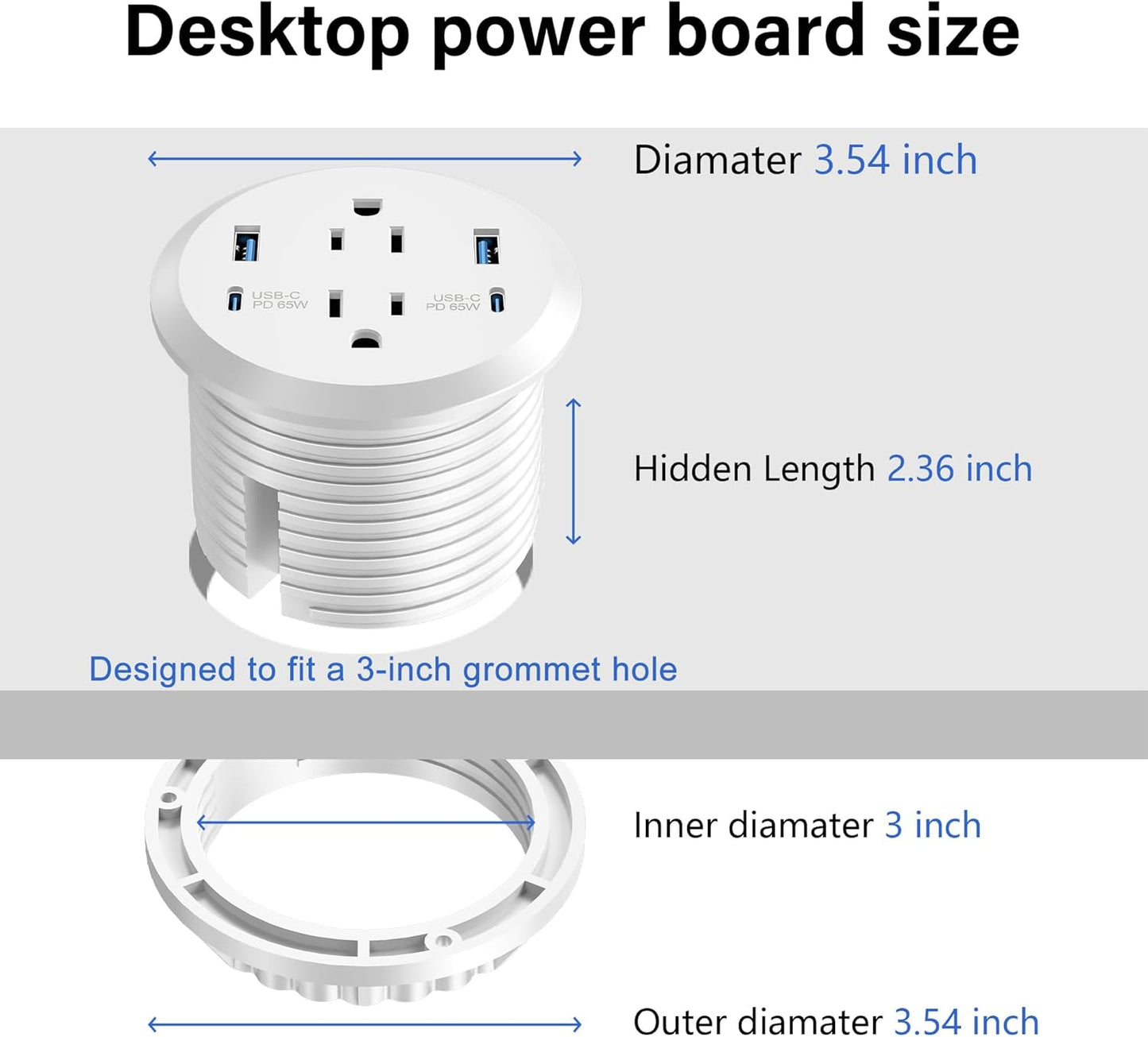 3 inch Desktop Power Grommet USB C,65W Fast Charging Station,Furniture Recessed Power Strip,2 Outlets,4 USB Ports,Flush-Mount for Desktop, Workspace Essential Desk Outlet,2 Pack (White)