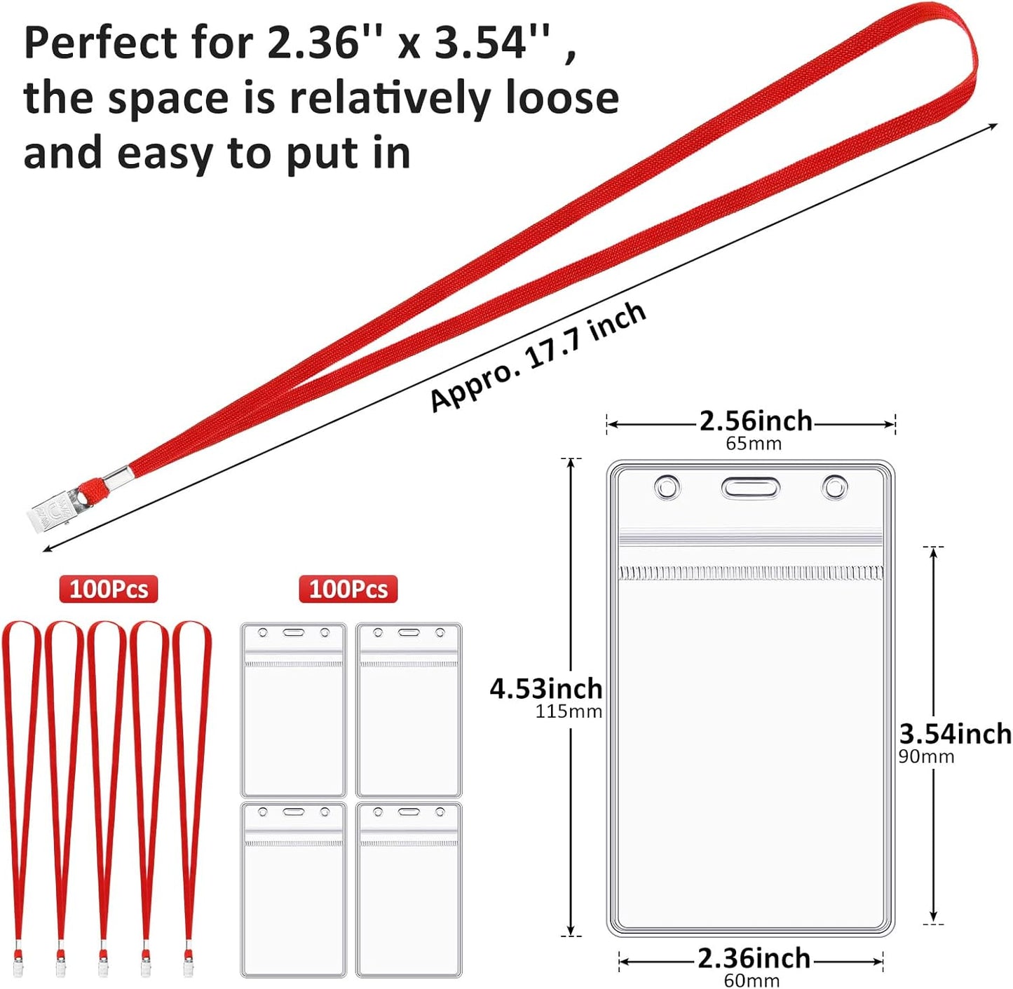 Marspark 200 Pcs Name Tag Lanyards with ID Holder Lanyards for ID Badges Resealable Flat Neck Name Tag with Clip Waterproof Plastic Clear Badges Bulk for School Office Supplies (Red)