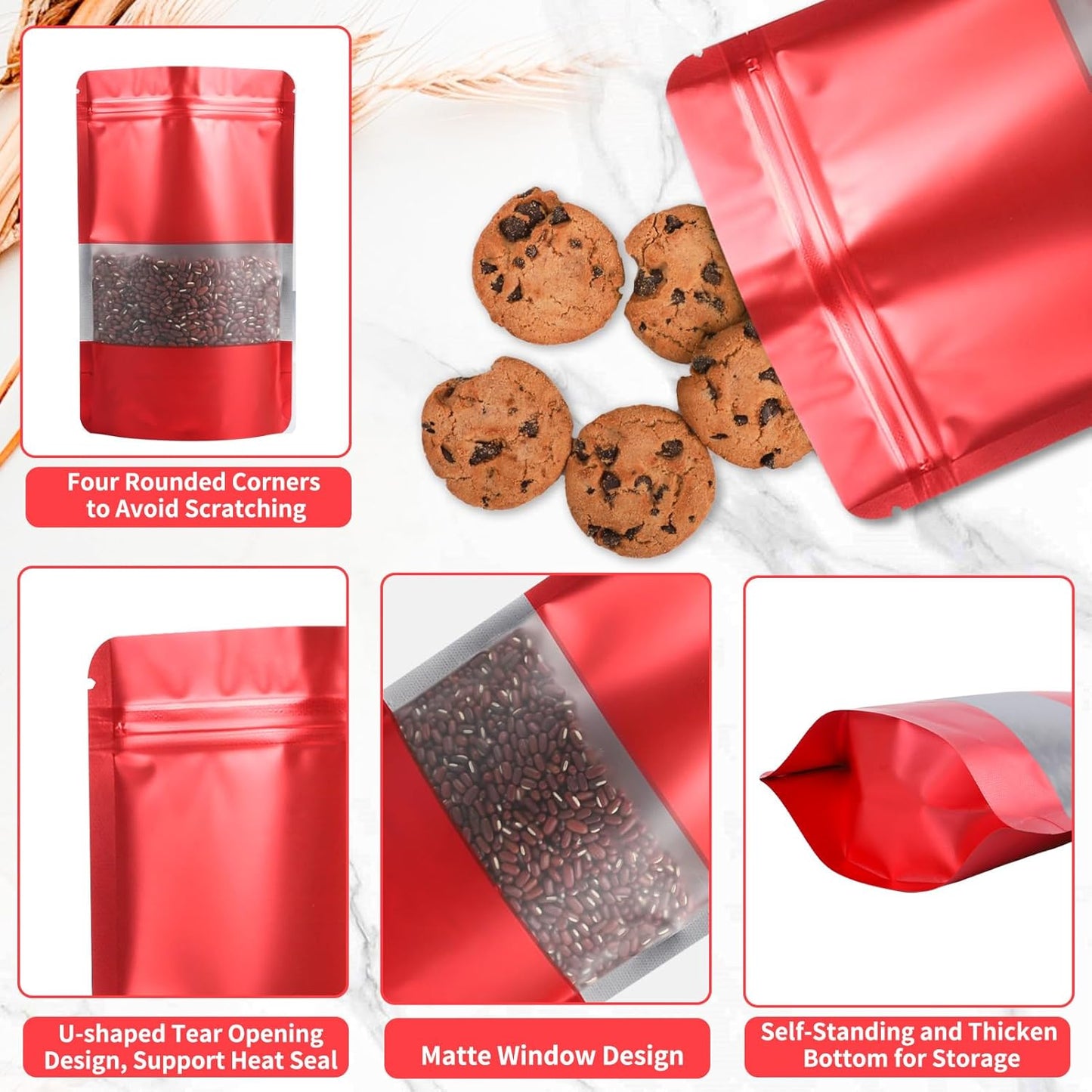 100 Pack Smell Proof Bags, Resealable Red Mylar Bags with Matte Window, Foil Pouch Stand Up Sealable Bags for Packaging, 5.51 × 7.87 Inch