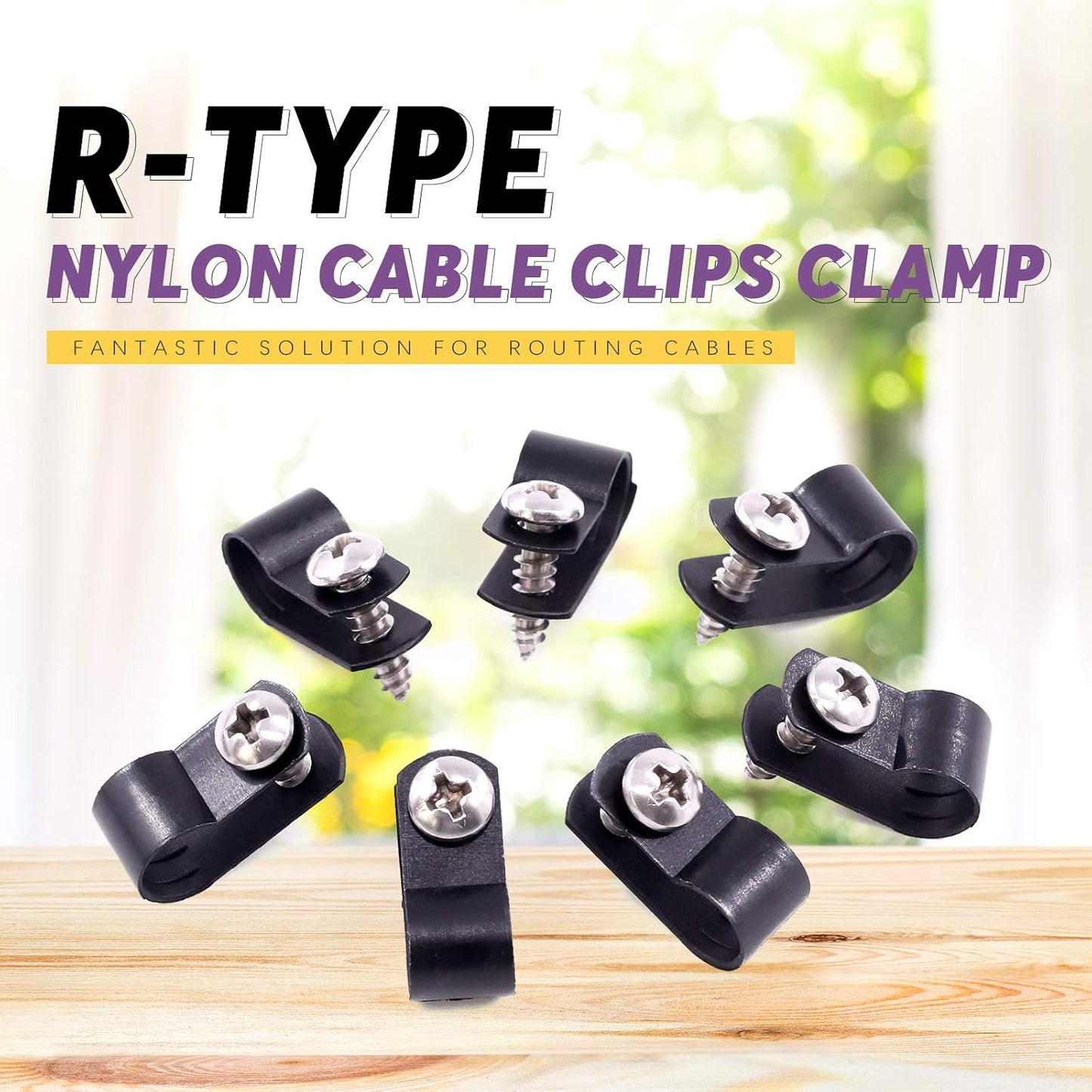 Swpeet 60 Pack Black 5/16 Inch Nylon Plastic R-Type Cable Clips Clamp Kit, Nylon Screw Mounting Cord Fastener Clips with 60 Pack Screws for Wire Management (5/16 Inch, Black)
