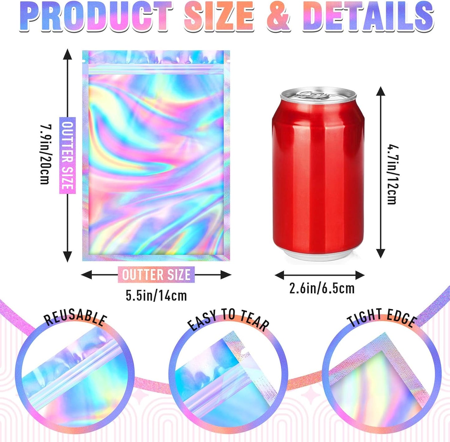 Mylar Bags, 100 PCS Smell Proof Bag, Holographic Bags, Packaging Bag (5.5x7.9 Inch)