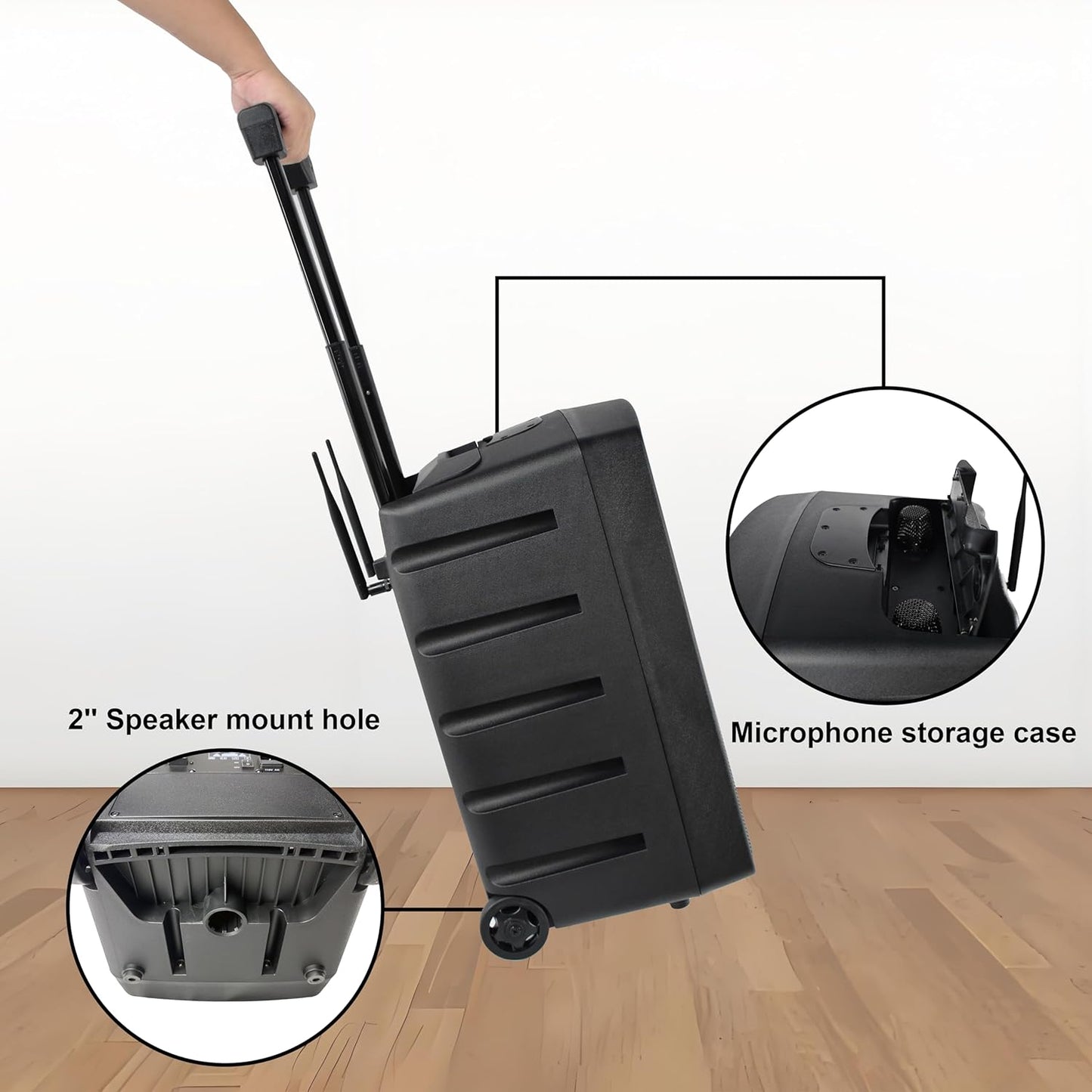 PRORECK 800W 10'' Portable Powered Bluetooth Wireless PA Speaker with 2 Wireless Microphones, Remote Control, Handle and Wheels, Active Loudspeaker for Events, Karaoke, DJ, Outdoor Gatherings