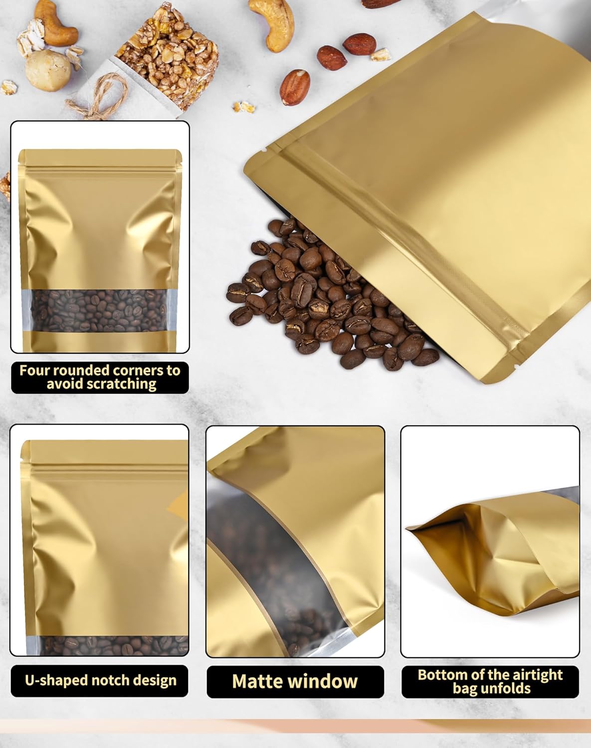 FireKylin 100 Pack Smell Proof Bags, Resealable Bags with Matte Window, Foil Pouch Stand Up Sealable Bags for Packaging(Gold,3.5" x 5.1")