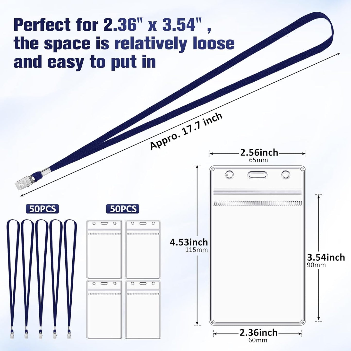 Marspark 100 Pcs Name Tag Lanyards with ID Holder Lanyards for ID Badges Resealable Flat Neck Name Tag with Clip Waterproof Plastic Clear Badges Bulk for School Office Supplies (Dark Blue)