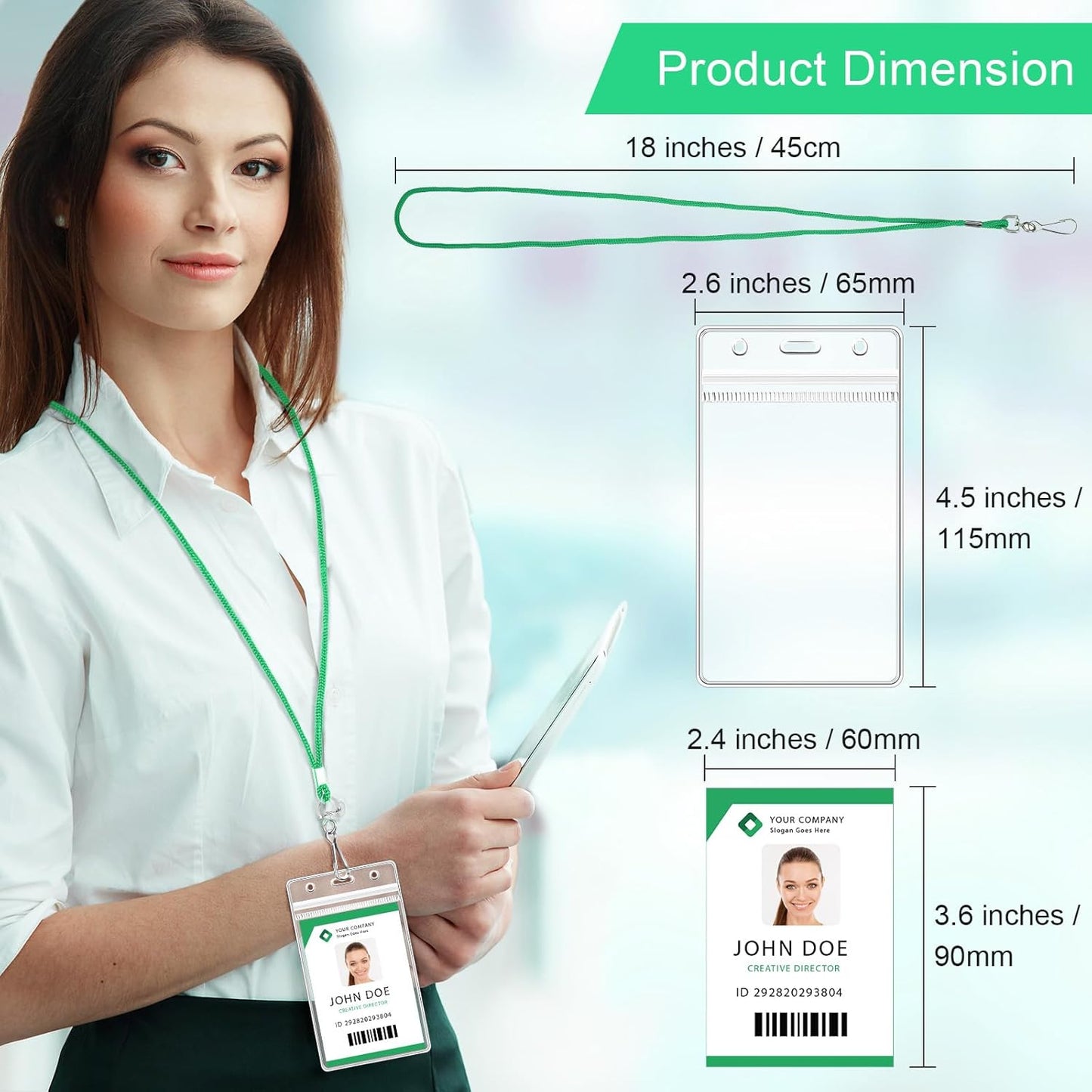Marspark 100 Pieces Lanyards for ID Badges Name Tag Lanyards Bulk Neck Lanyard Badge Holder for Reel ID Card Name Badge Holder Waterproof Plastic Resealable Card Sleeves Hook Cords(Green)