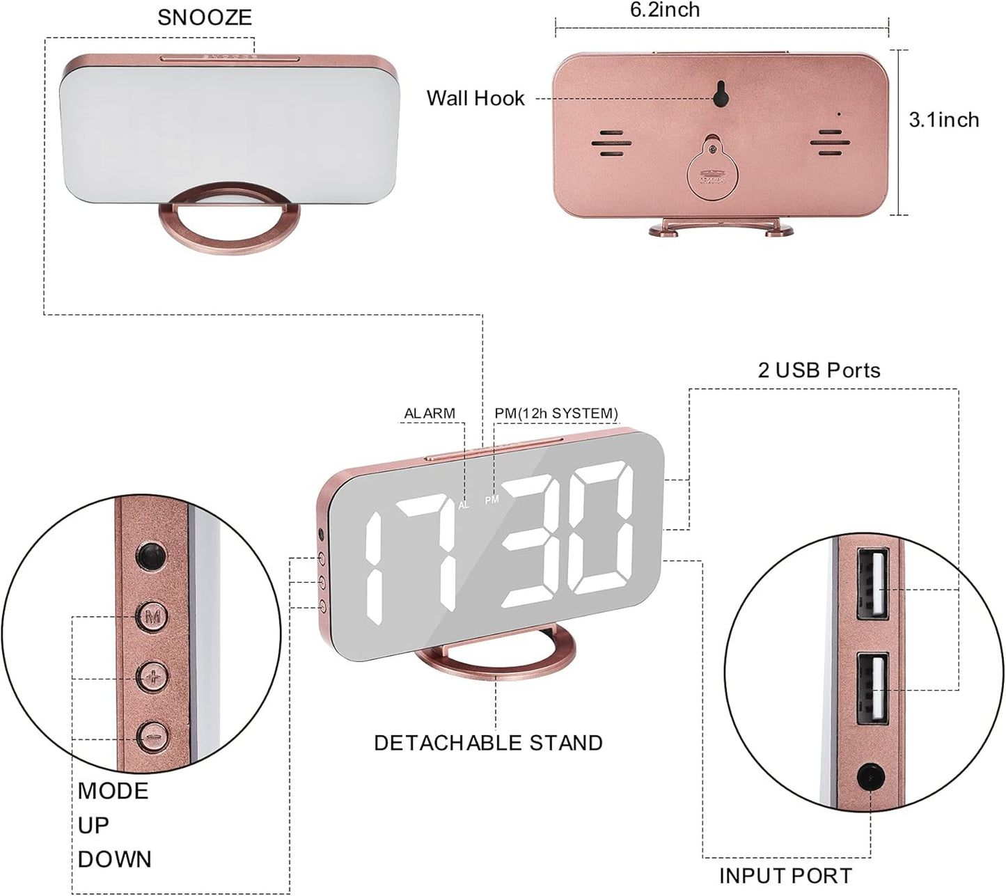 SZELAM Alarm Clock for Bedroom,LED and Mirror Digital Clock Large Display,with Dual USB Charger Ports,Auto Dim,Snooze Mode,Modern Desk/Wall Electronic Clock for Girl Woman Mom Teens - Rose Gold