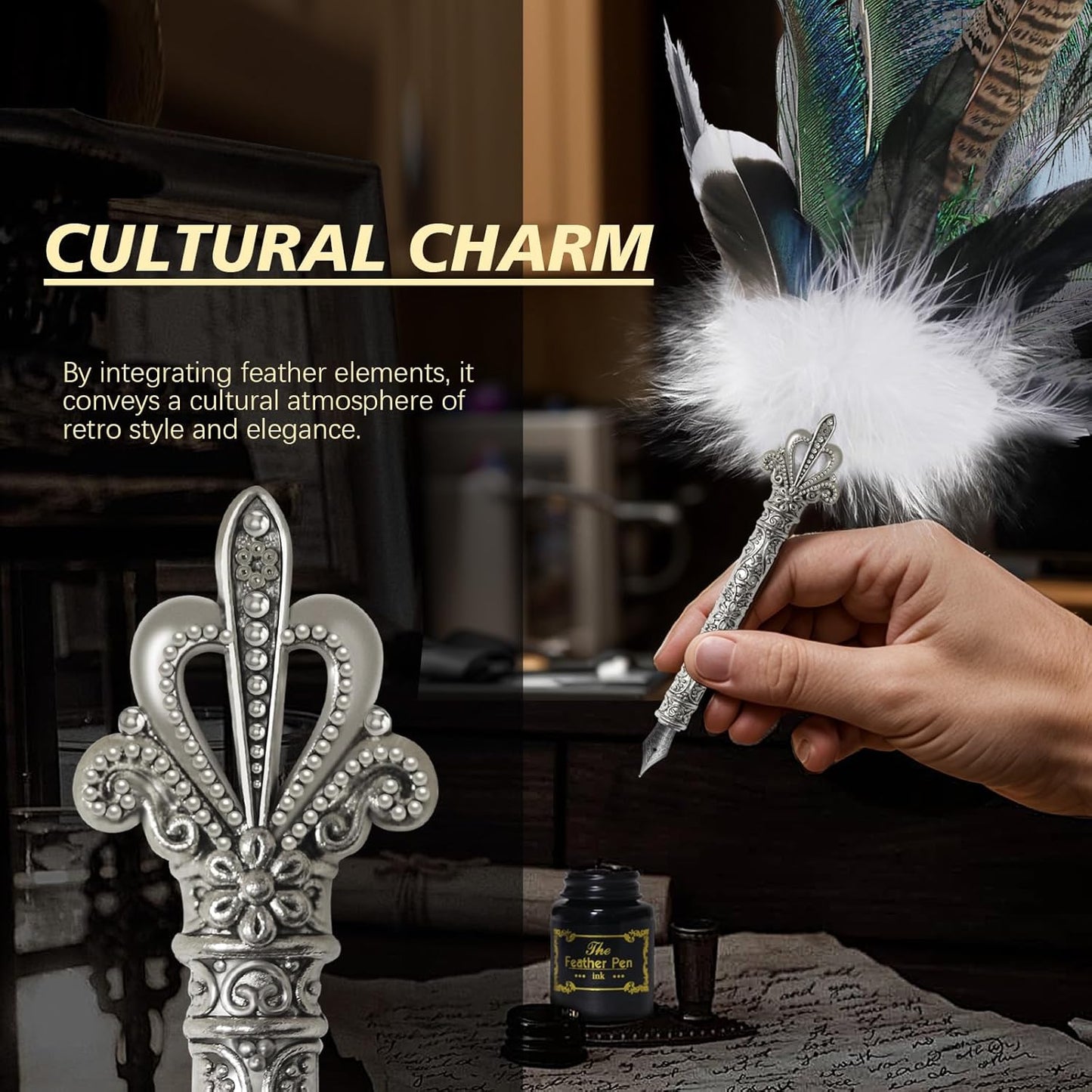 CROWN GUIDE Luxury Feather Pen with Black Ink Set - 13.8" Peacock Fancy Quill Fountain Pen for Writing Calligraphy, Wedding Nikkah Pen for Guest Book Journaling Gift, White