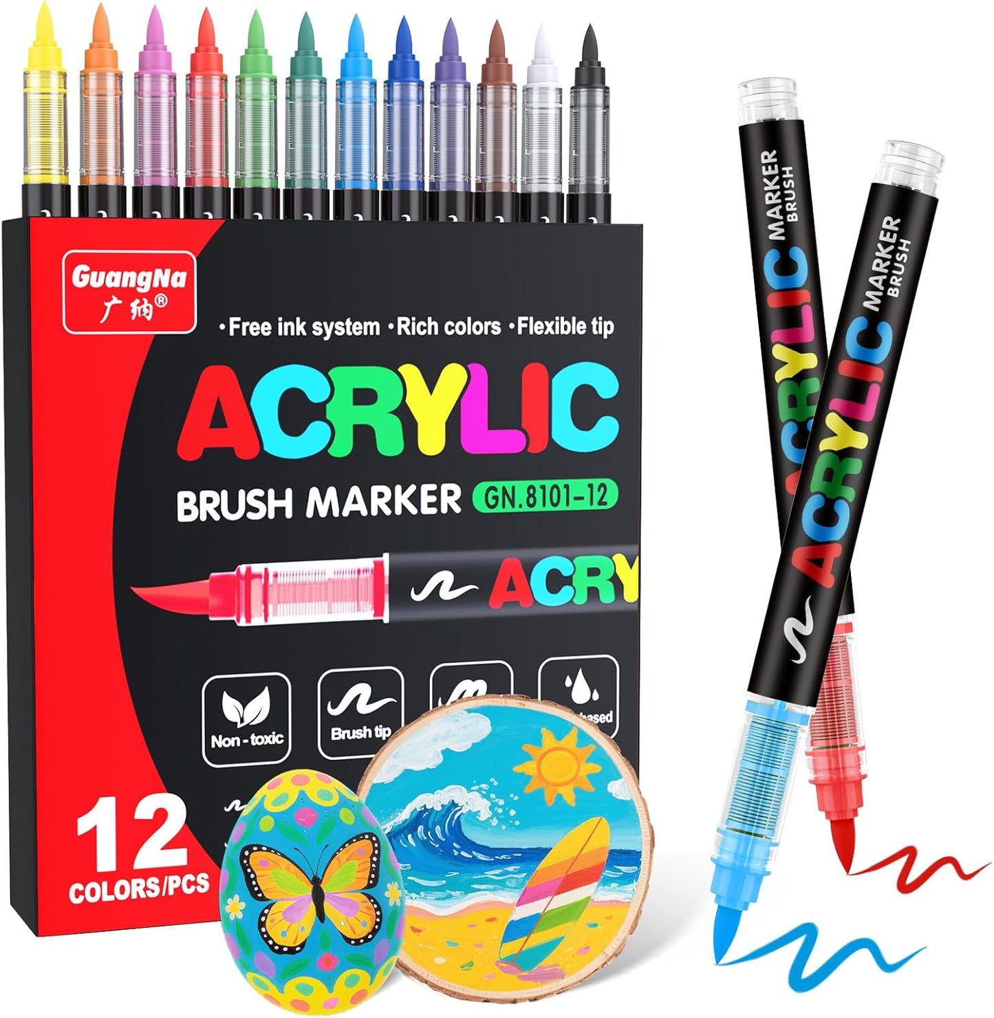 Guangna Acrylic Paint Markers Brush Tip, 12 Vivid Colors with Direct-Liquid Ink System, Professional-Grade Paint Pen for Rock Painting, Canvas, Glass, Plastic, Fabric & Creative Crafts