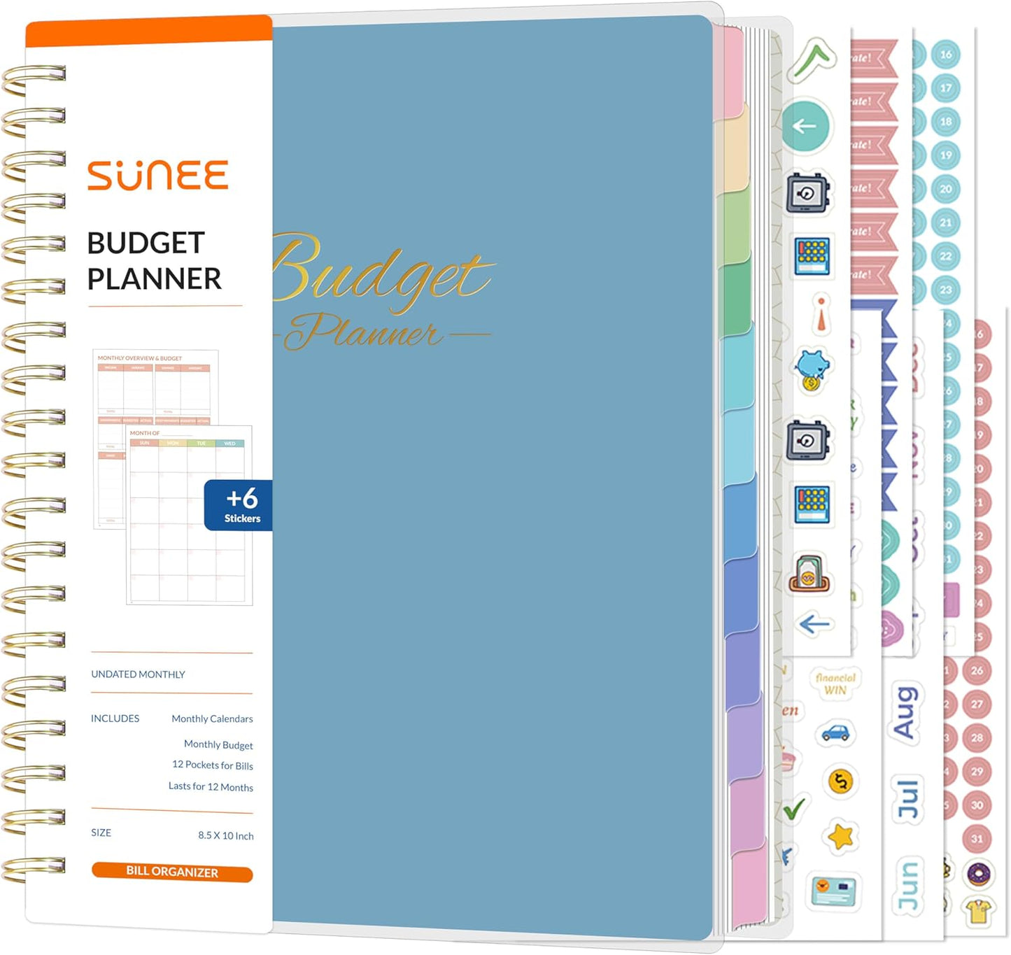 SUNEE Budget Planner - Deluxe Monthly Budget Book with 12-Pockets for Bill Organizer, Undated 12 Month Expense Tracker Notebook & Account Book B5 Size (8" x 10") to Manage Your Finance Planner, Blue
