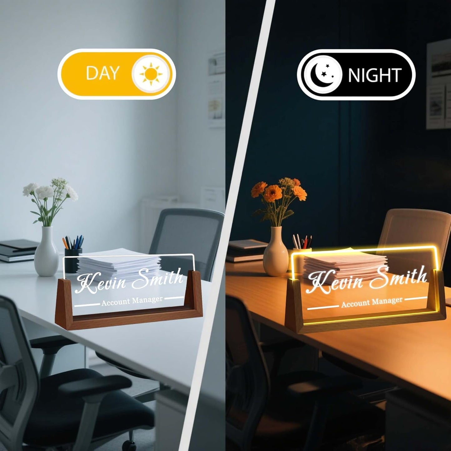 Personalized Desk Name Plate with LED Light & Wooden Base, Custom Acrylic Name Sign | Custom Office Decor & Appreciation Gifts for Boss Coworkers, New Job Promotion Gift (Style 4)