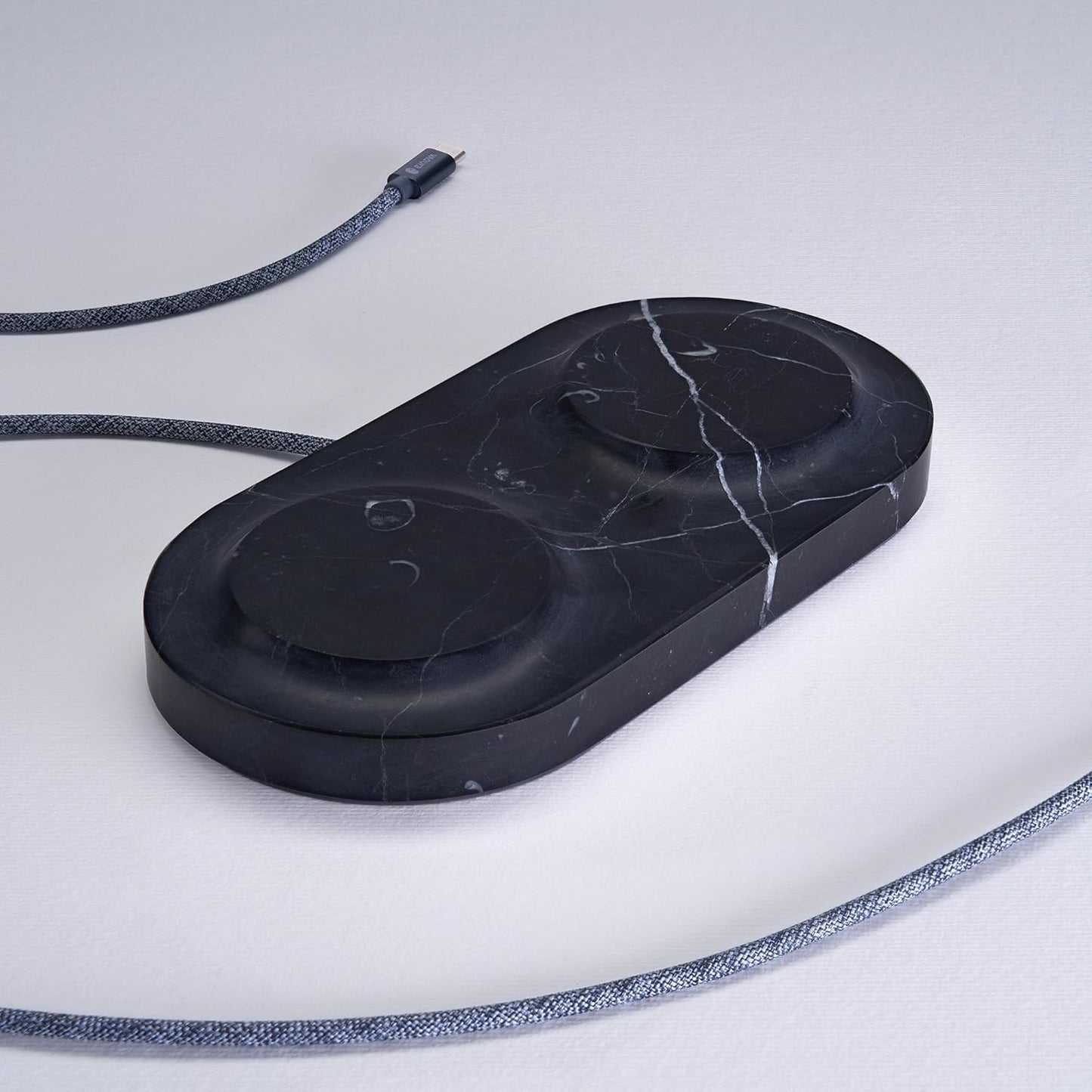 Einova Dual Classic Stone – Dual Wireless Charging Pad in Genuine Marble, Designed in Italy, Integrated 6 ft USB-C Cable, Smartphones, Wireless Earbuds, Smartwatches – Black Marquina Marble