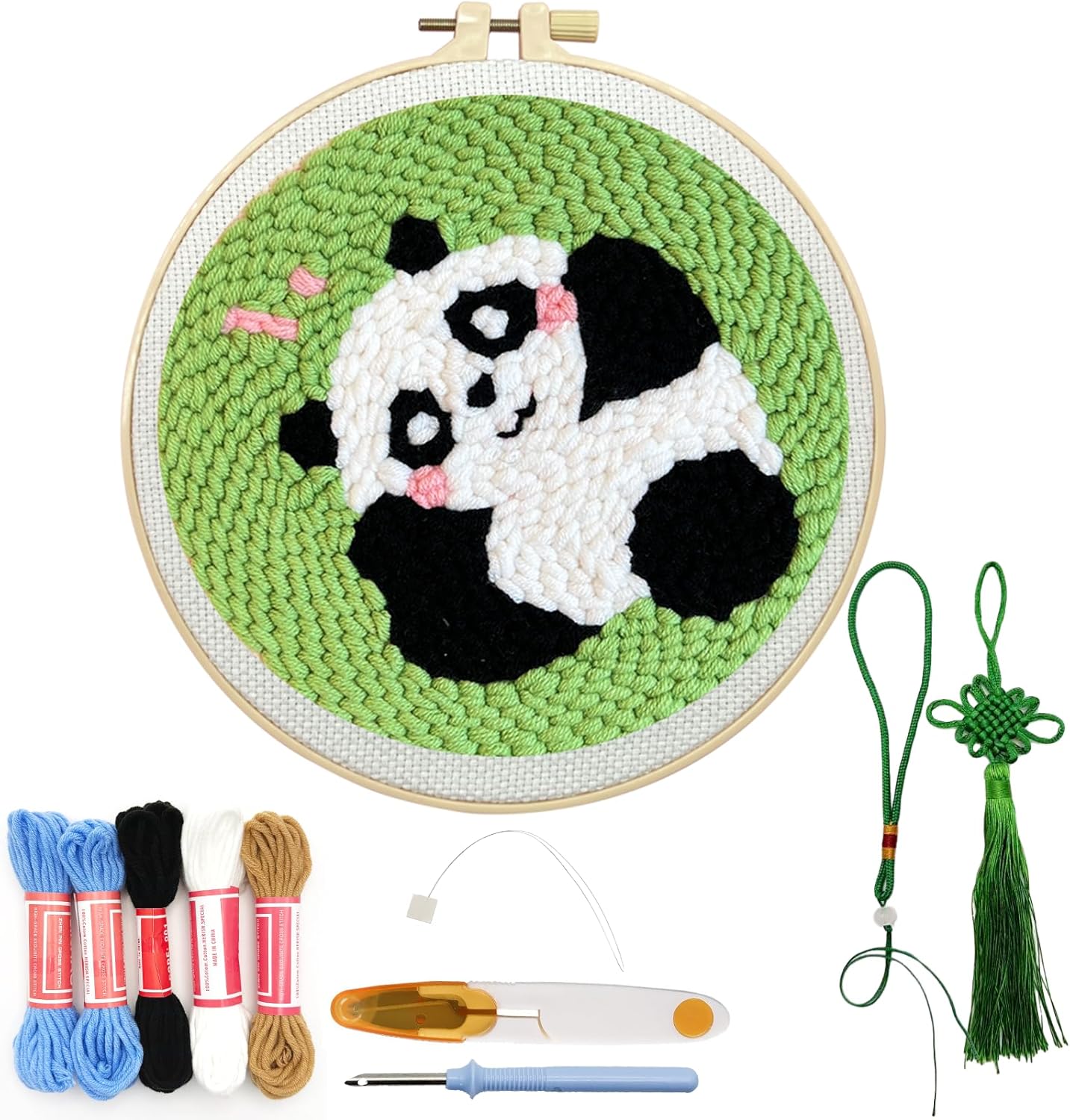 Danvk Panda Punch Embroidery Kit with Embroidery Fabric, Hoop,Scissor,Punch Needle and Yarns, Hand Craft Gift,DIY Embroidery Kits, Hand Punch Needle Kit for Women and Kids Beginners(Panda-Smiling)