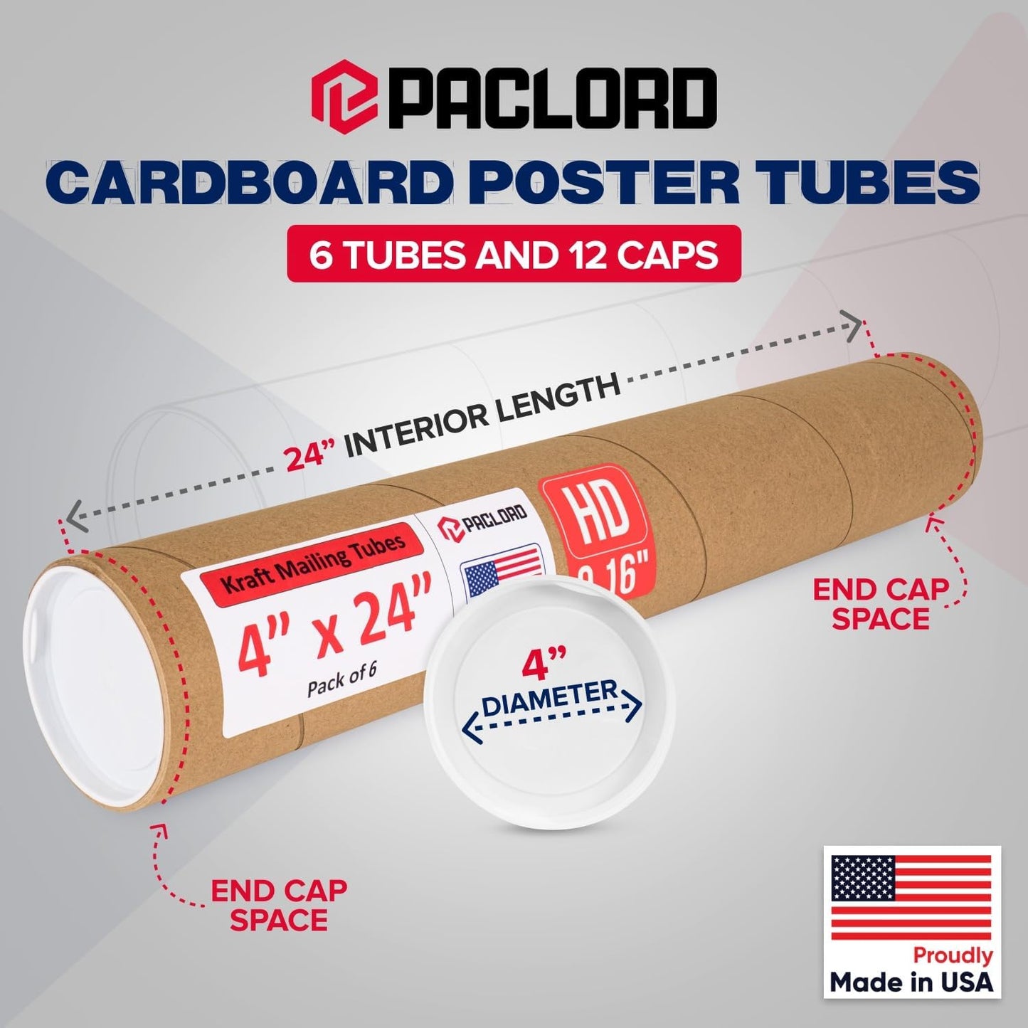4" x 24" Heavy-Duty Reinforced Cardboard Mailing Tube, Pack of 6 Tubes with 12 Caps – Secure USPS Approved – Great for Shipping and Storing of Prints, Artwork, Posters or Documents