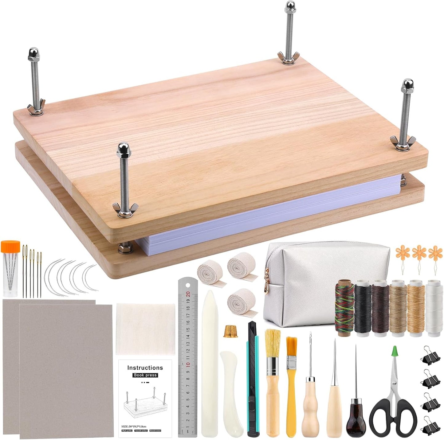 JUPEAN 45 Pcs Book Binding Kits, Bookbinding Kit Large Book Press 14.76”x11.42” with Books Binding Materials Bone Folder Tool Bind Cloth Webbing Strap and Storage Bag for Repair