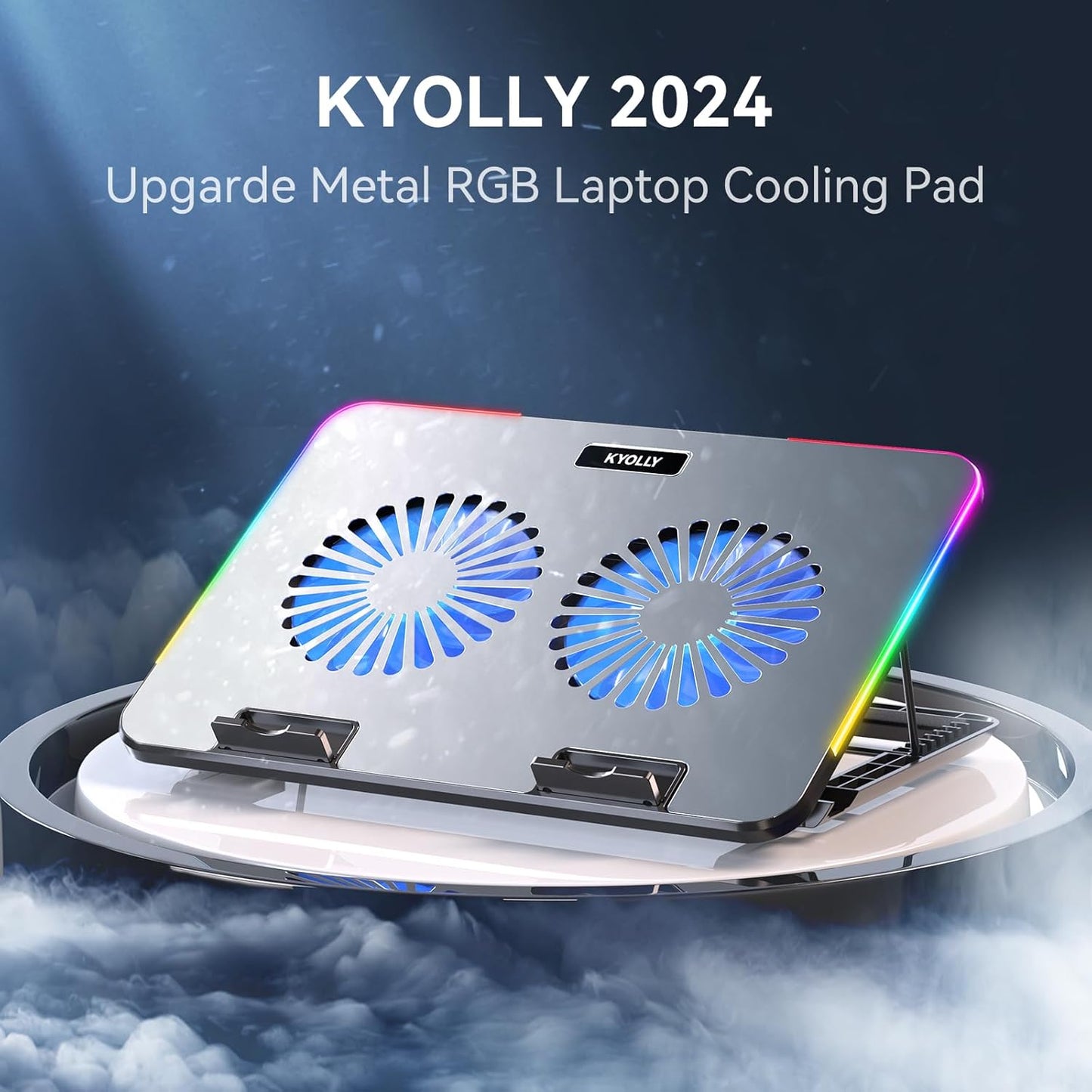 RGB Gaming Laptop Cooling Pad with Metal Panel, 2 Ultra Quiet Big Fans, 10 Lighting Modes, Phone Stand & 7 Height Adjustable Ergonomic Cooler for 10-15.6 Inch Laptops