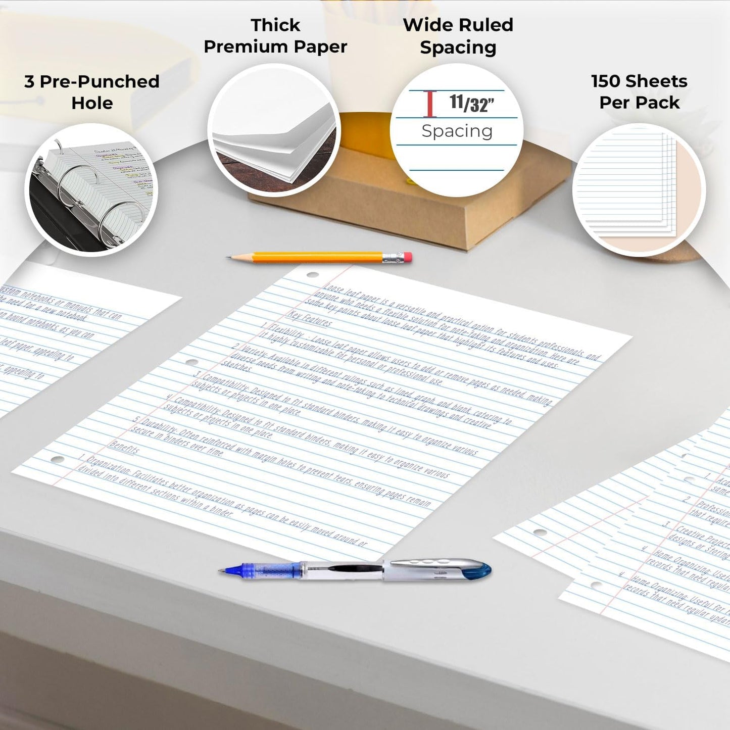 Loose Leaf Paper, 450 Sheets, 3 Pack, 56 gsm Wide Ruled Sheets, 8" x 10.5", Bulk Notebook Paper, 3 Hole Punched, 150 Sheets/Pack, Wide Ruled Paper for Binders, Loose Leaf Office Paper, White