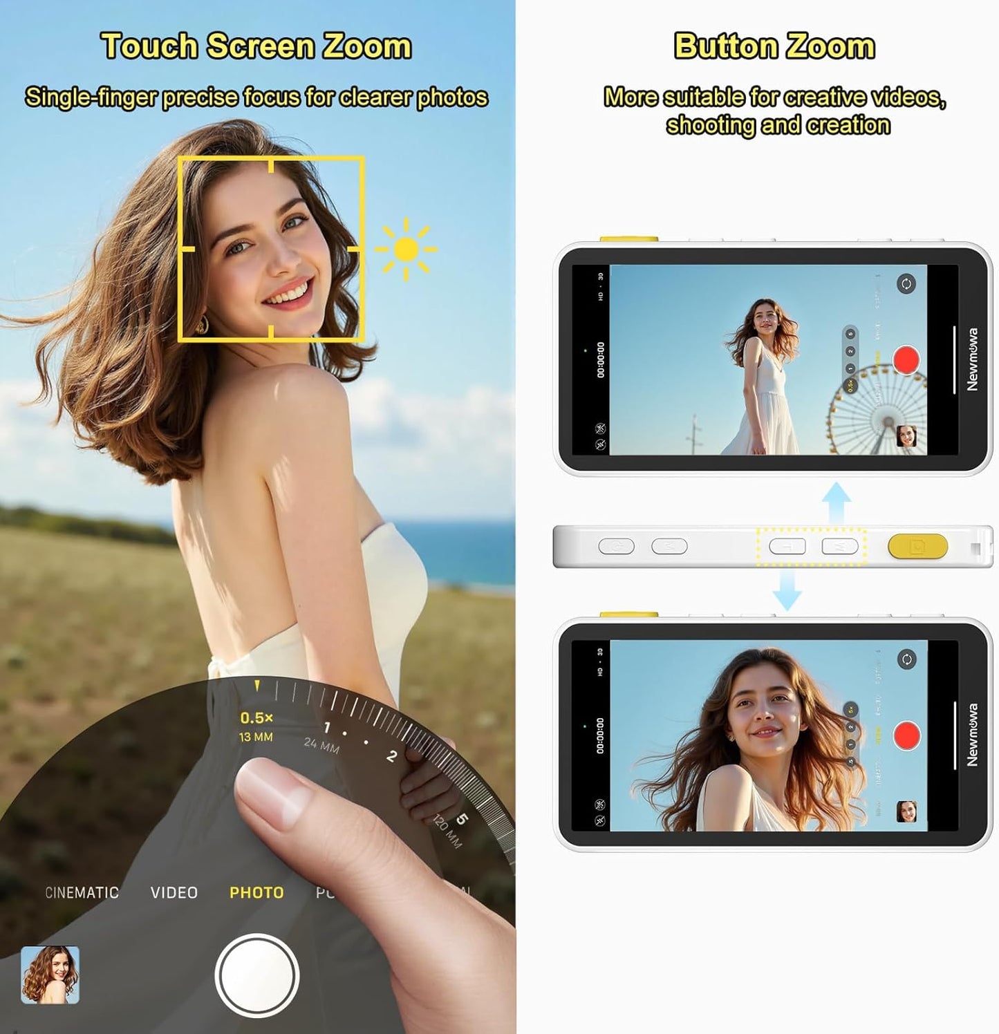 Newmowa Touchscreen Phone Vlog Selfie Monitor Screen, Magnetic Wireless Back Camera Selfie Monitor with Focus Adjustment ONLY for iPhone, Support 4K 30fps Wireless Recording for iPhone 15/16(White)