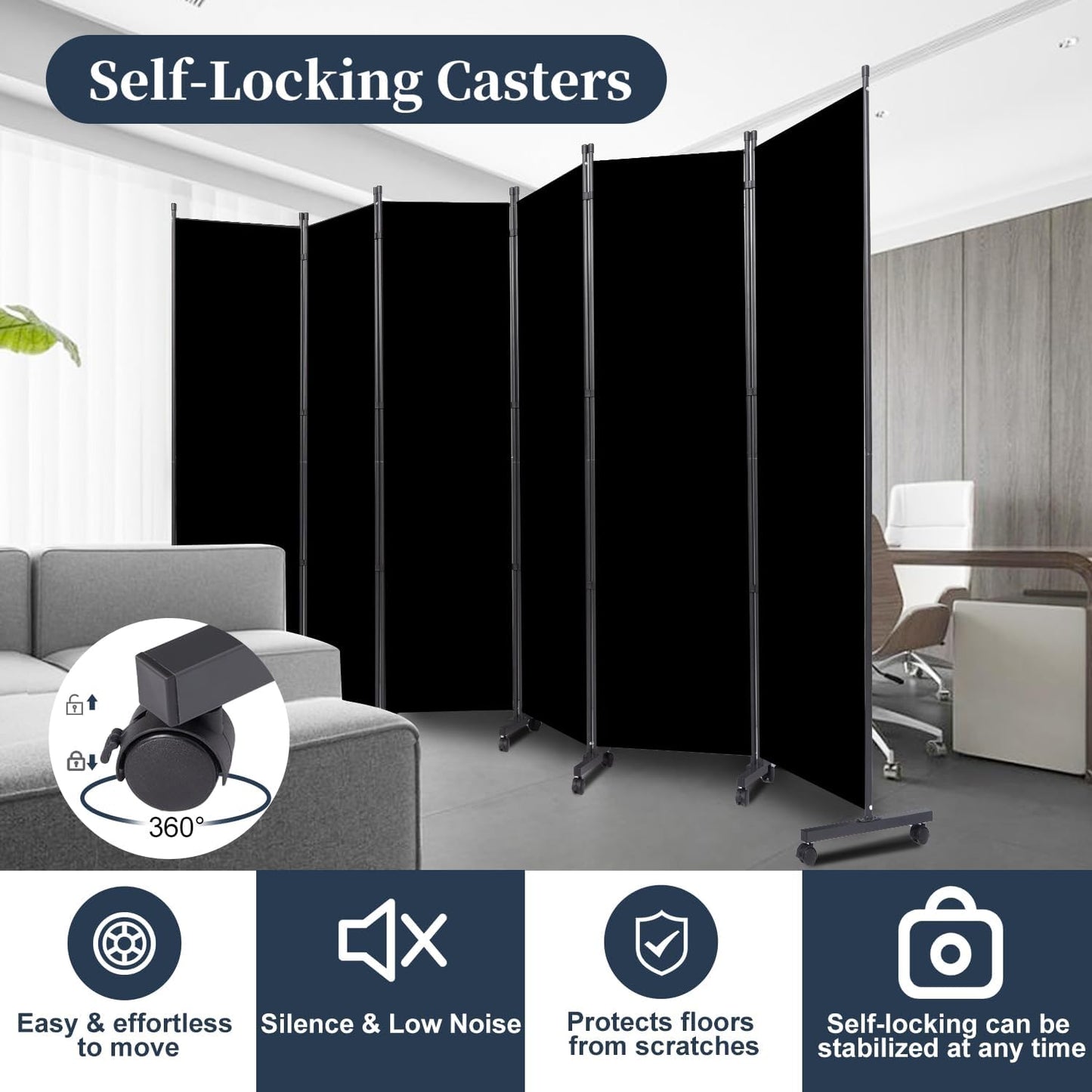 Room Divider Folding Privacy Screens with Lockable Wheels, 132'' Partition Room Dividers Freestanding Room Divider Fabric Panel for Room Separation, Wall Divider for Home Office Bedroom Dorm Decor