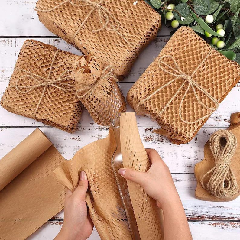 Honeycomb Packing Paper, 15"x230' Eco Friendly Packing Materials for Shipping Breakable Recyclable Moving Supplies Paper Bubble Wrap Sheets Roll with 20 Fragile Sticker Labels