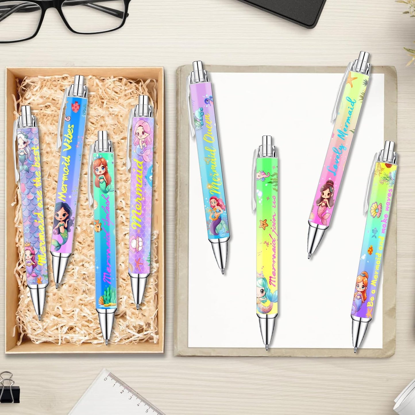 Mermaid Pens for Girls – Cute Mermaid-Themed Ballpoint Pen Set for Kids, Teens, and Ocean Lovers – Fun Stationery Gift for School, Journaling, Drawing, or Writing – 8 Colorful Pens with Smooth Ink