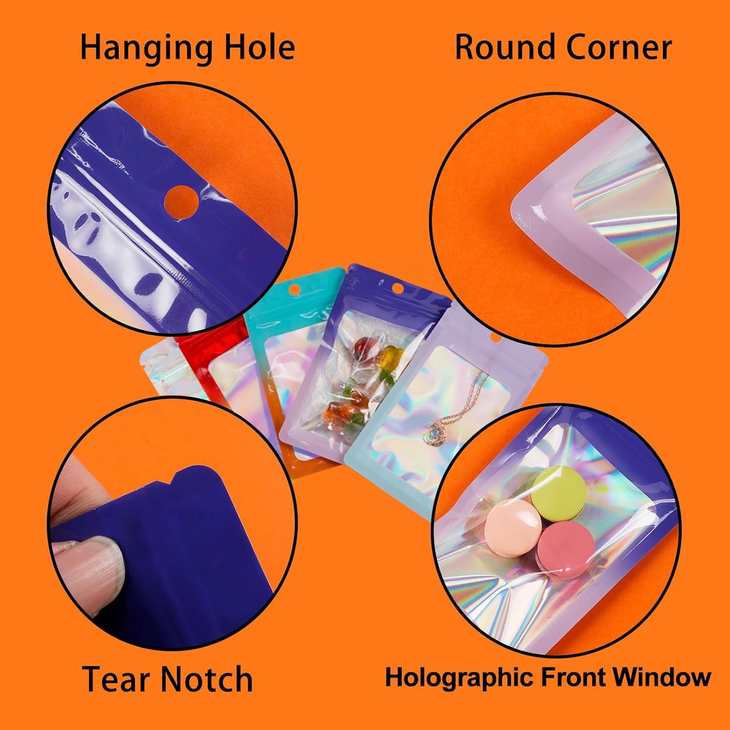 400 Pack 4 Sizes Resealable Mylar Holographic Bags Food Storage Smell Proof Bags with Front Window Foil Packaging Pouch for Sample Jewelry Small Business (Holographic,3x4.7,3.1x5.5,4x 6,4.7x 7.9in)
