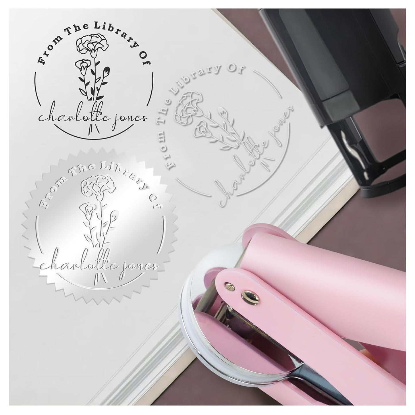 Book Embosser Custom Embosser Stamp with Your Name or Design Personalized Library Embosser Stamp Customized Books Business Cards Paper Documents Notebooks etc. (17)
