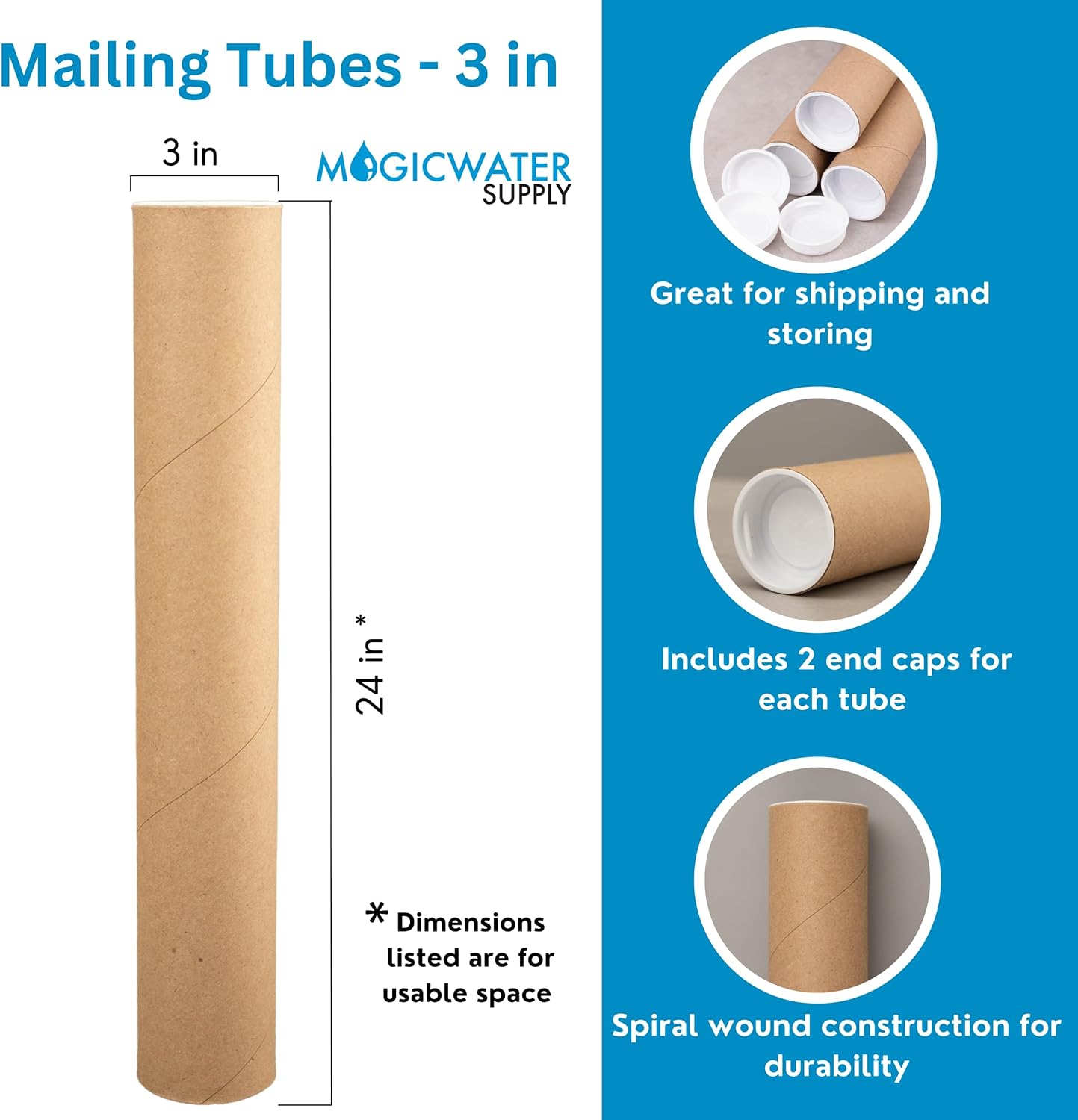 MagicWater Supply Mailing Tube - 3 in x 24 in - Kraft - 2 Pack - for Shipping and Storage of Posters, Arts, Crafts, and Documents