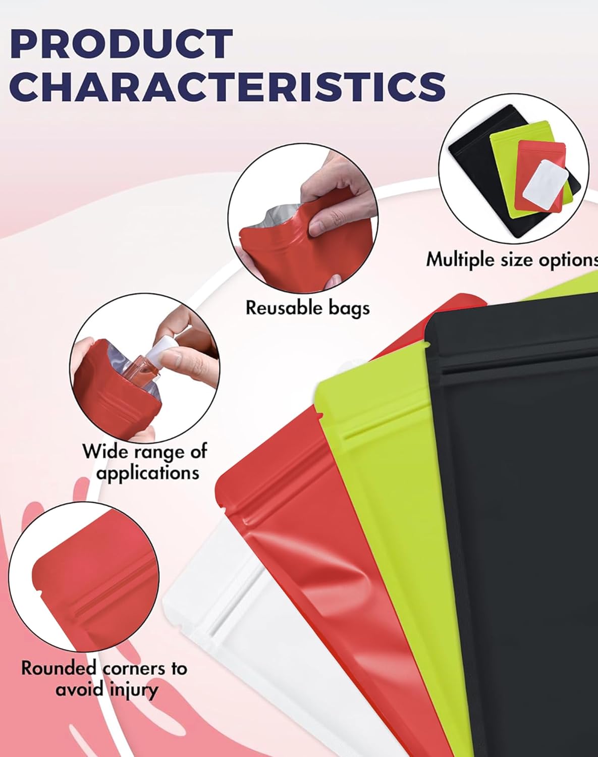 FireKylin 100 Pack Resealable Packaging Bags for Small Business Double-Sided Color Smell Proof Bags for Food Storage Flat Bags (Red, 5.5" x 7.8")