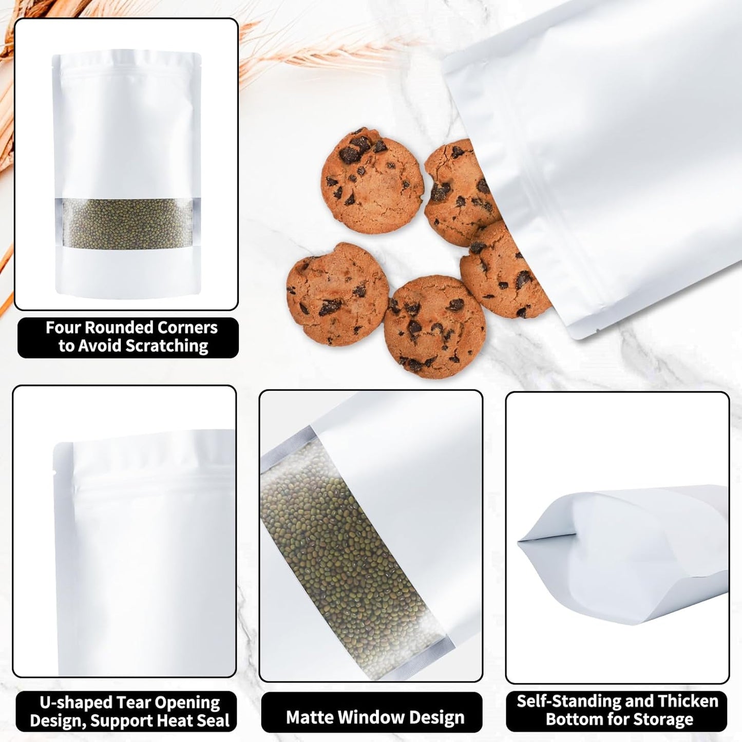 100 Pack Smell Proof Bags, Resealable White Mylar Bags with Matte Window, Foil Pouch Stand Up Sealable Bags for Packaging, 3.93 × 5.9 Inch