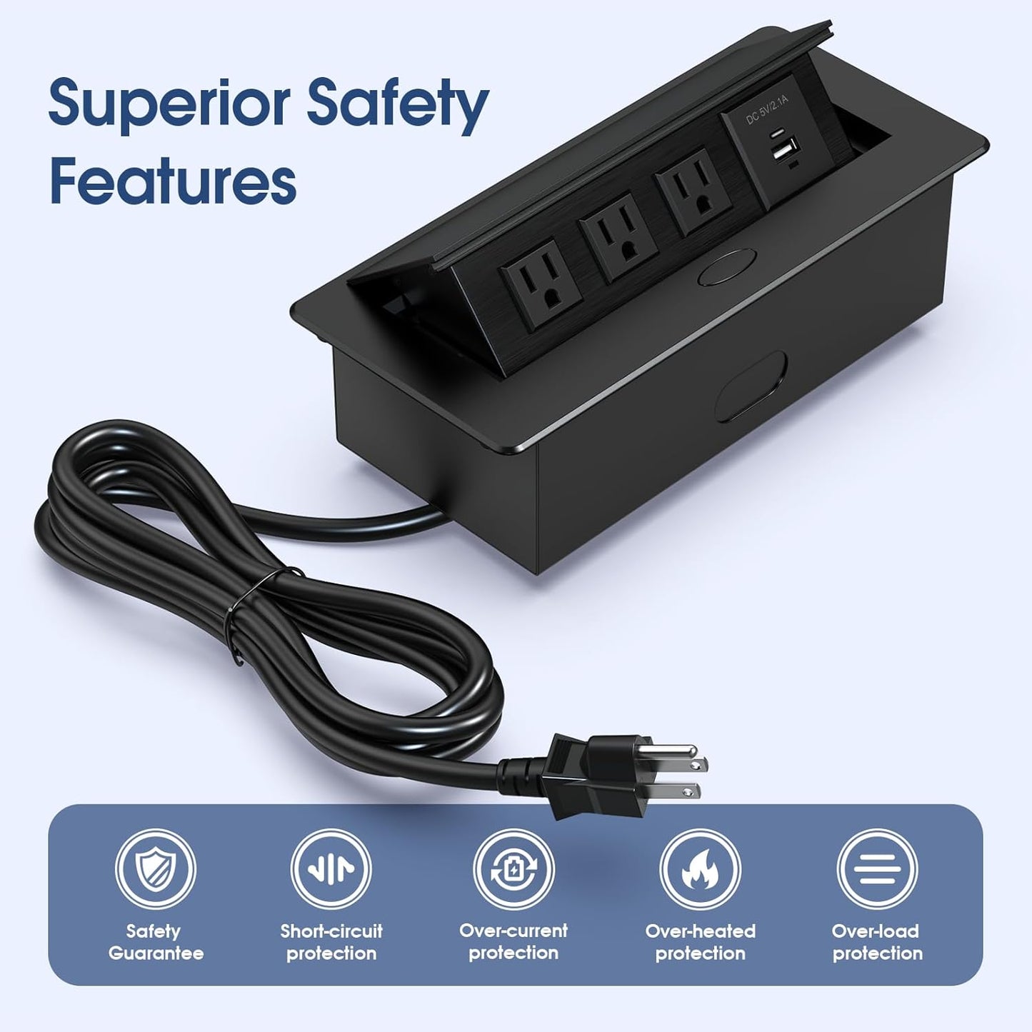 KYHSHJ Connection Box Desktop Pop Up Outlet with 3 * 15A Receptacle，2.1A 1 USB-A Ports &1 USB-C Port，Corrosive Resistant Hardware,Black