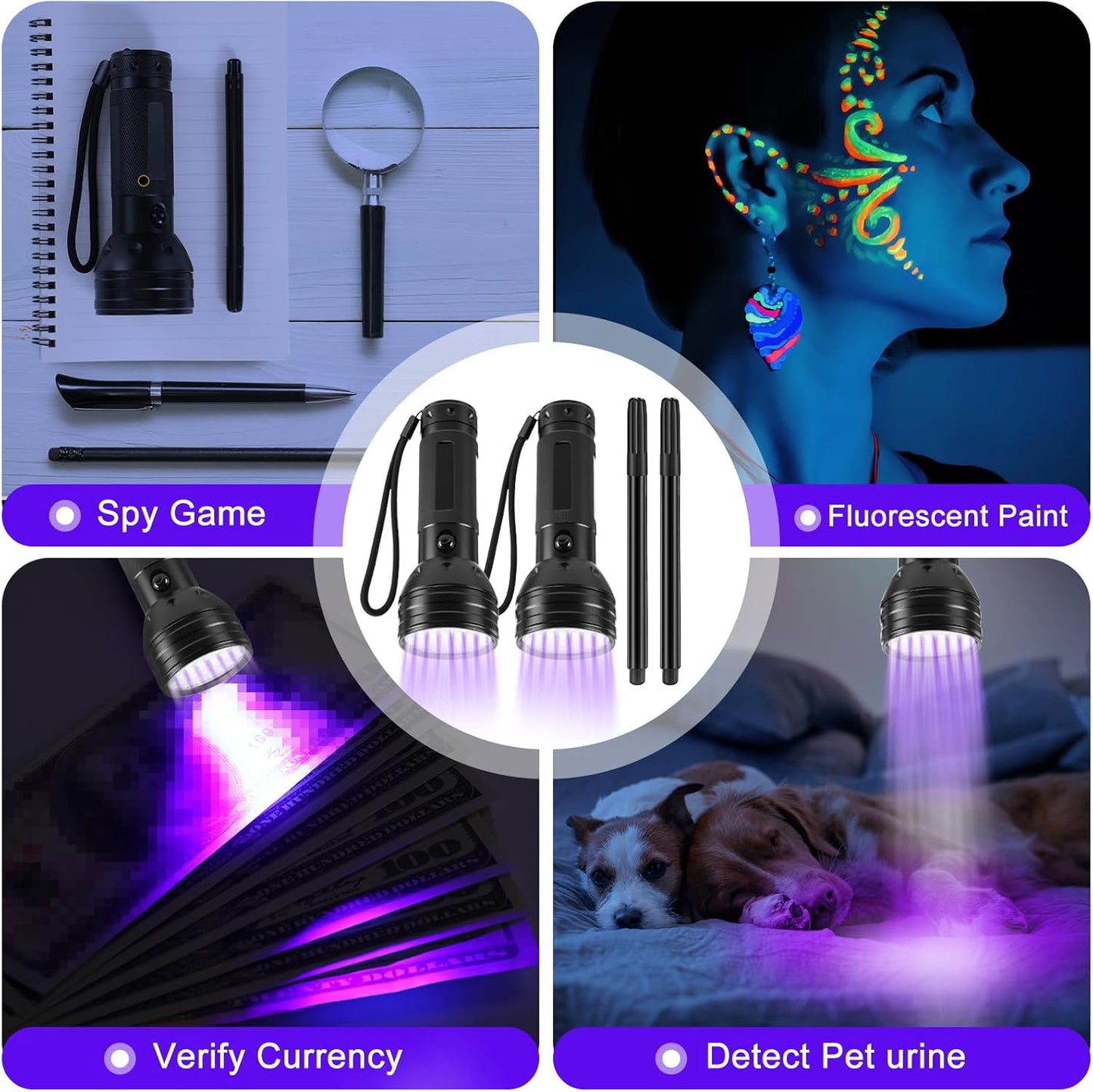 Tegeme 4 Invisible Ink Pen Set 2 Invisible Marker 2 Blacklight Flashlights with UV Black Light Markers Disappearing Ink Pen for Secret Notes Holiday Gifts Party Favors (51 LED)