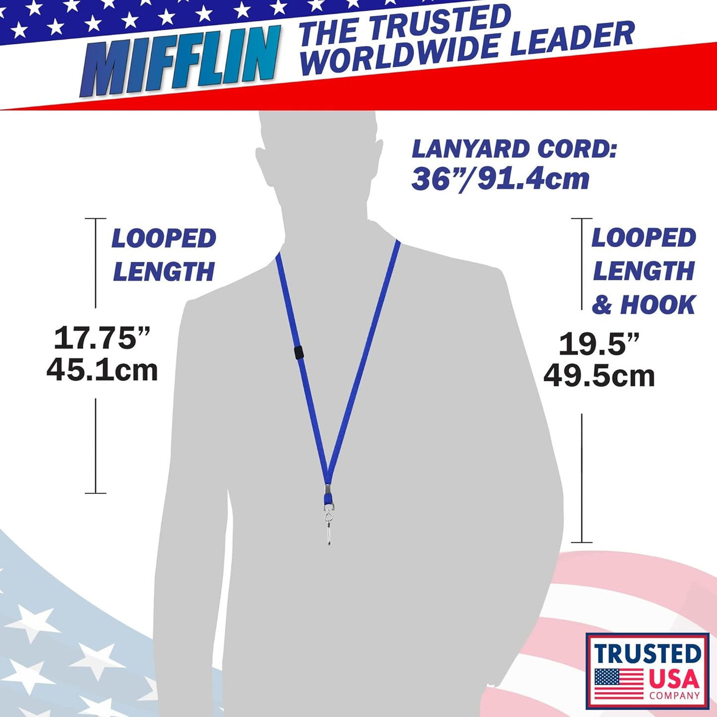 MIFFLIN-USA Flat Breakaway Safety Lanyard for ID Badges (Blue, 36 Inch, 100 Pack), Soft Woven Neck Line