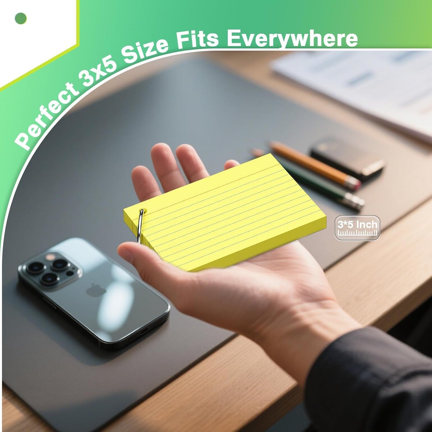 250 Count Yellow Index Cards with Ring 3 x 5 Inch Heavyweight Ruled Index Cards, Flash Cards for School & Office Supplies and Home Organization, Durable Study To Do List Note Cards with Ruled Lines