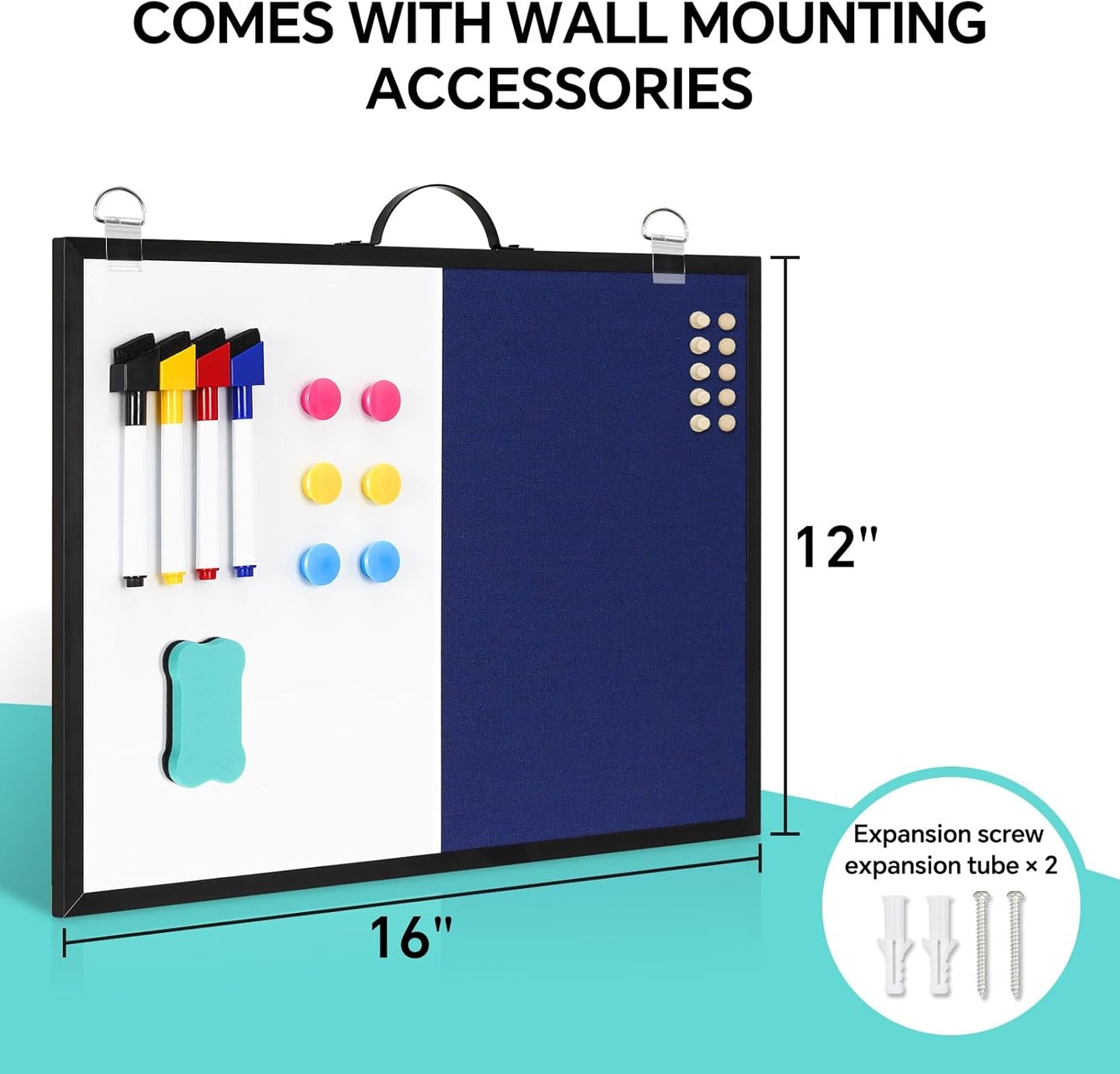 White Board Linen Bulletin Board Combo, 16"x12", Double-Sided Magnetic Dry Erase Cork Board for Walls, Aluminum Frame Small Pin Board with Handles for Home, Office, School, Dark Blue Felt
