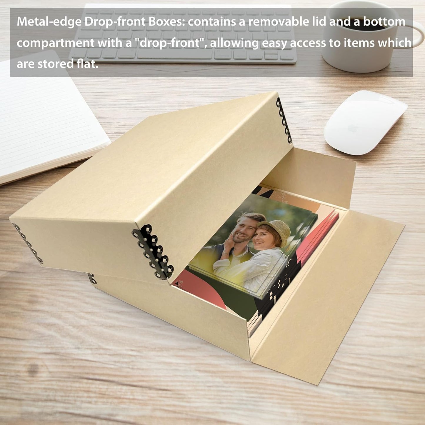 Golden State Art, Archival Storage Box, Acid-Free Drop Front Museum Box with Metal Edge for Storing Artwork Photos Documents Prints Arts And Crafts (Tan-17.75x22.75x3 Inches)
