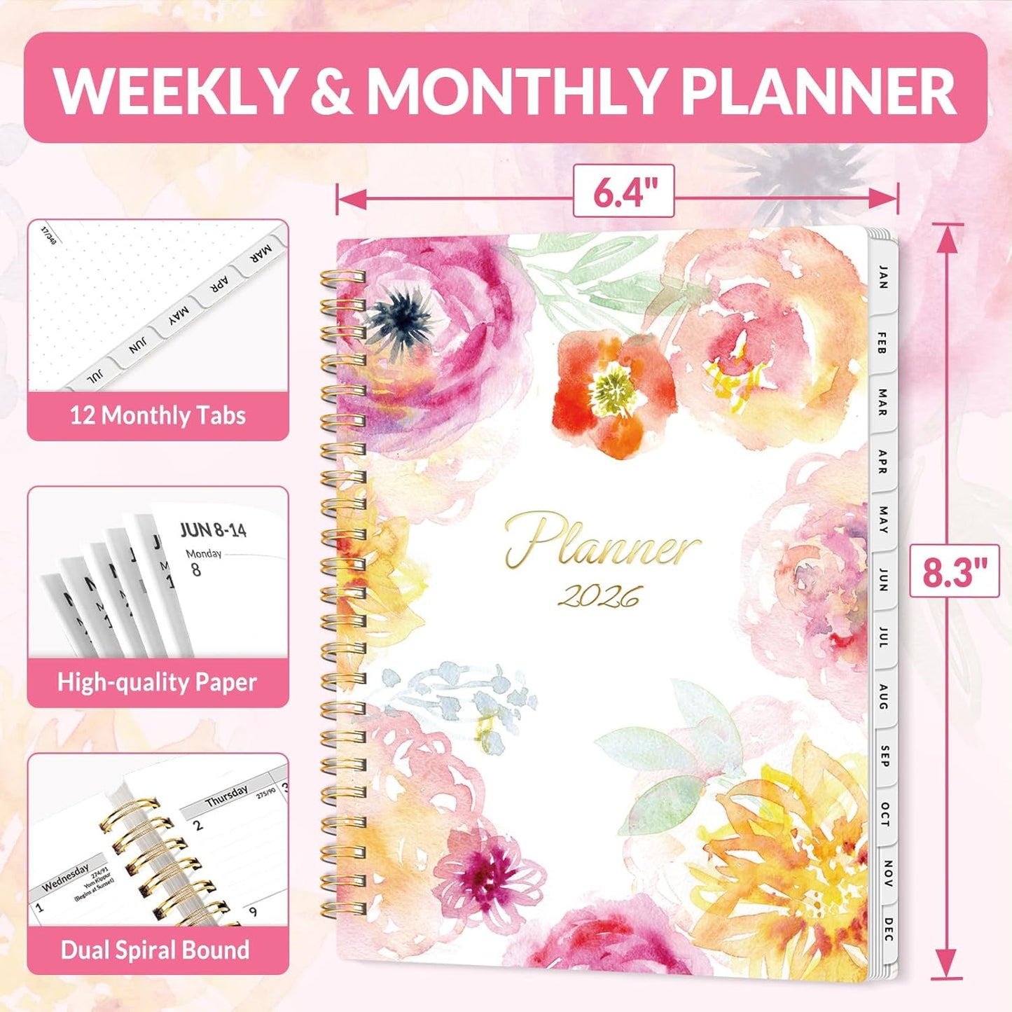 SUNEE Planner 2026 Weekly and Monthly, January 2026-December 2026, 6.4"x8.3", Tabs, Note Pages,Spiral Binding, Watercolor Flowers
