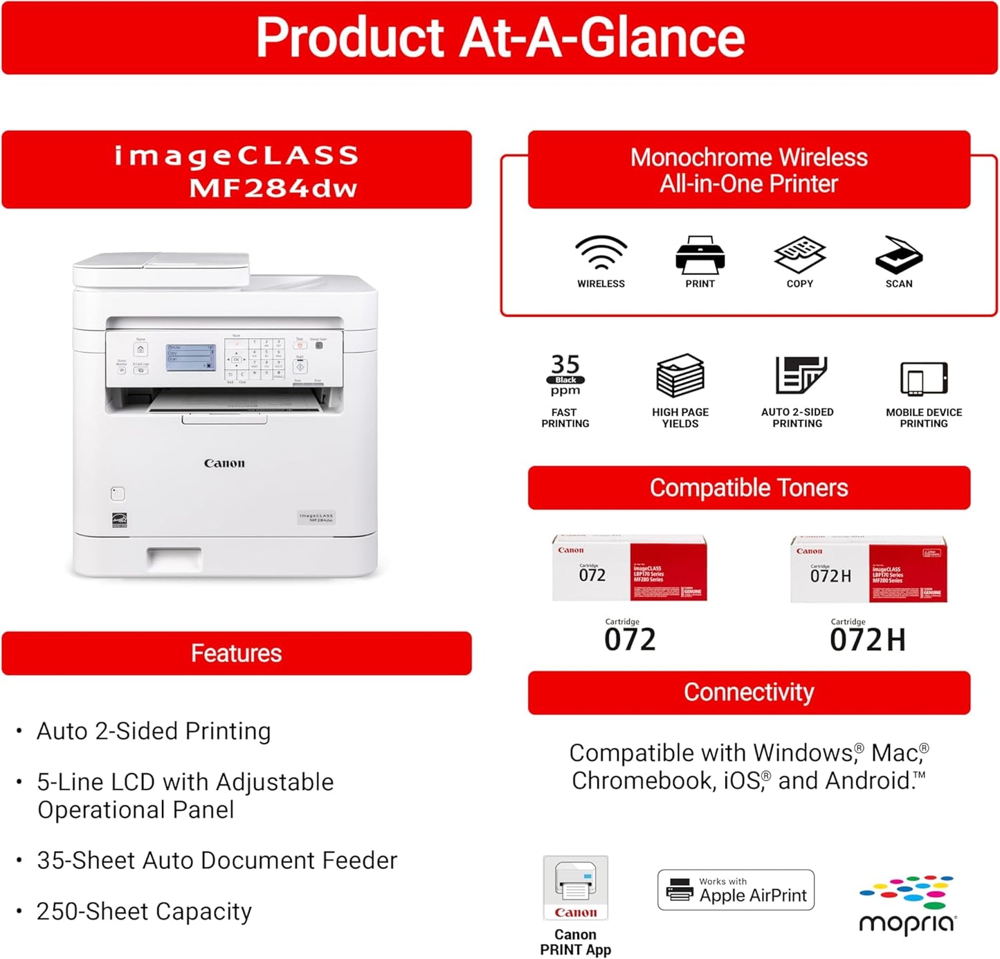 Canon imageCLASS MF284dw Wireless Black & White Laser Printer – All-in-One for Home Use, Print/Copy/Scan, 2-Sided Printing, 35 PPM, Auto Doc Feeder, Mobile Device Compatible, Starter Toner Included