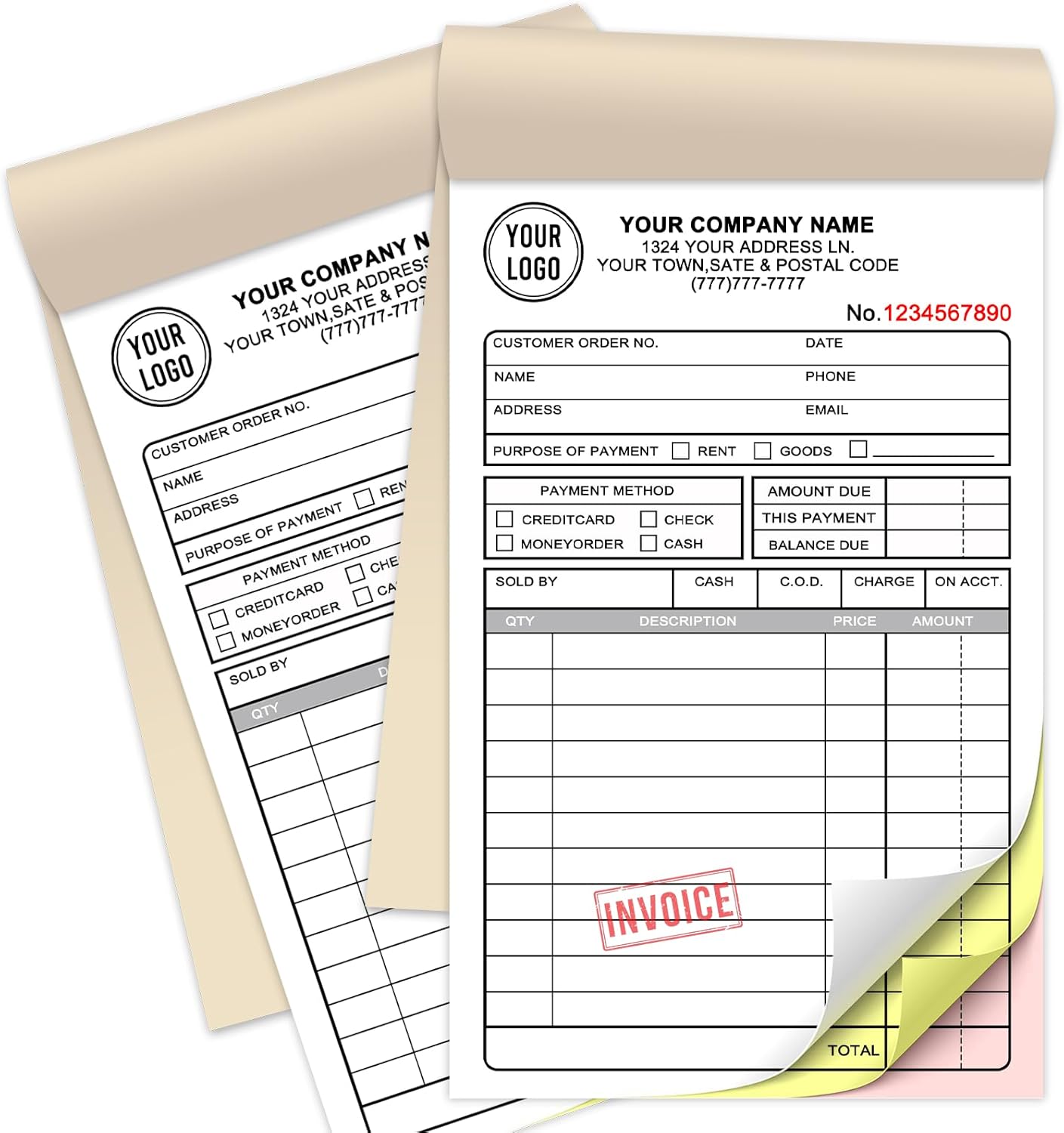 Custom Sales Invoice Personalized Carbonless NCR Forms with Company Name/Logo Personalized Invoice, Receipt Book, Work Sales Purchase Orders, Estimates, Quote Forms 4.25" x 7" - 3 Part(150 Sets)