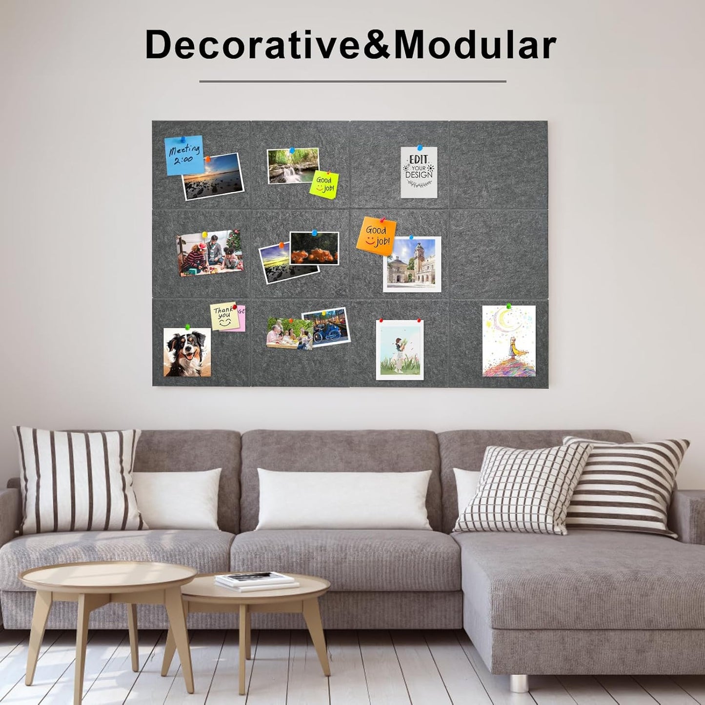 Large Cork Board for Wall 12 Pack, Bulletin Board 48" X 36", Felt Board Wall Tiles with 72 Damage-Free Removable Pads & Push Pins, Alternative Pin Board Cork Board for Office Home, Dark Grey