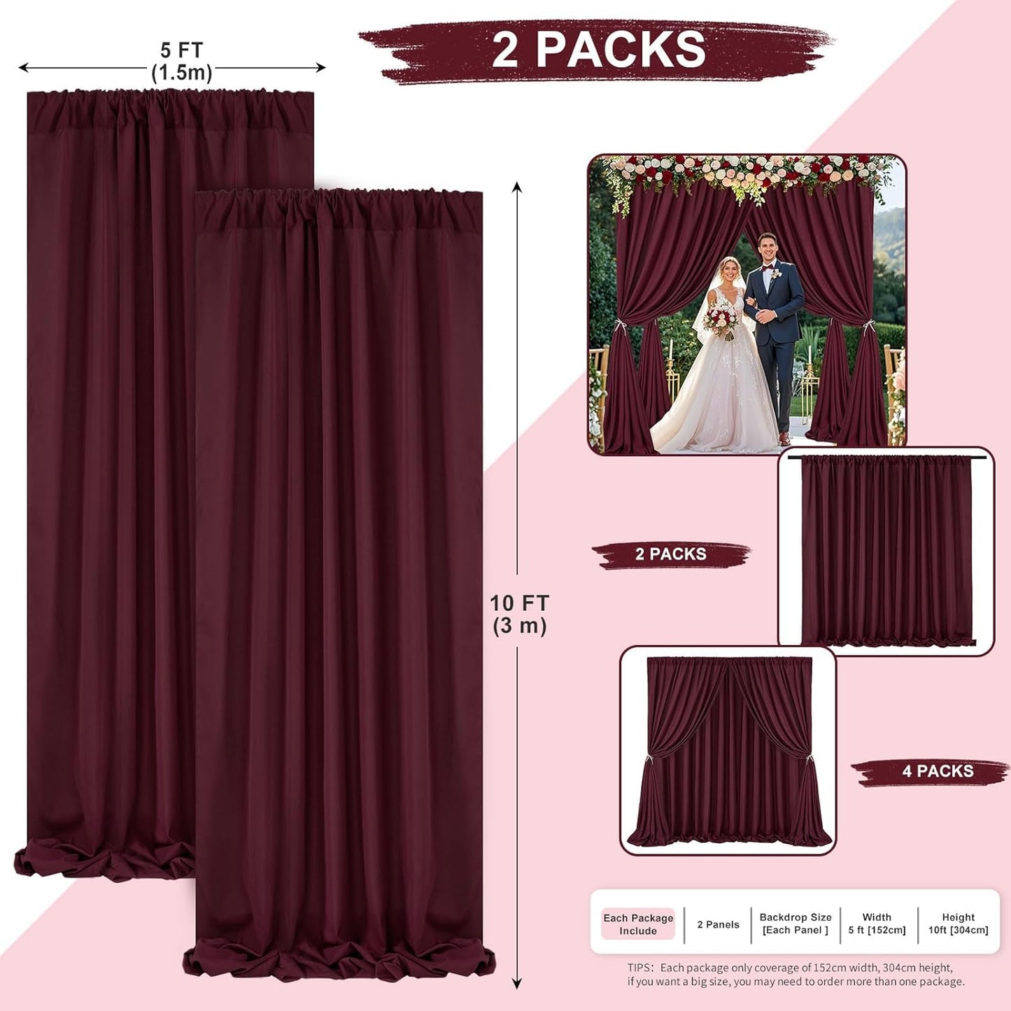 Burgundy Backdrop Curtains Photo Booth Background 2 Panels 5ft x 10ft Polyester Fabric Drapes for Wedding Party Anniversary Ceremony Decorations