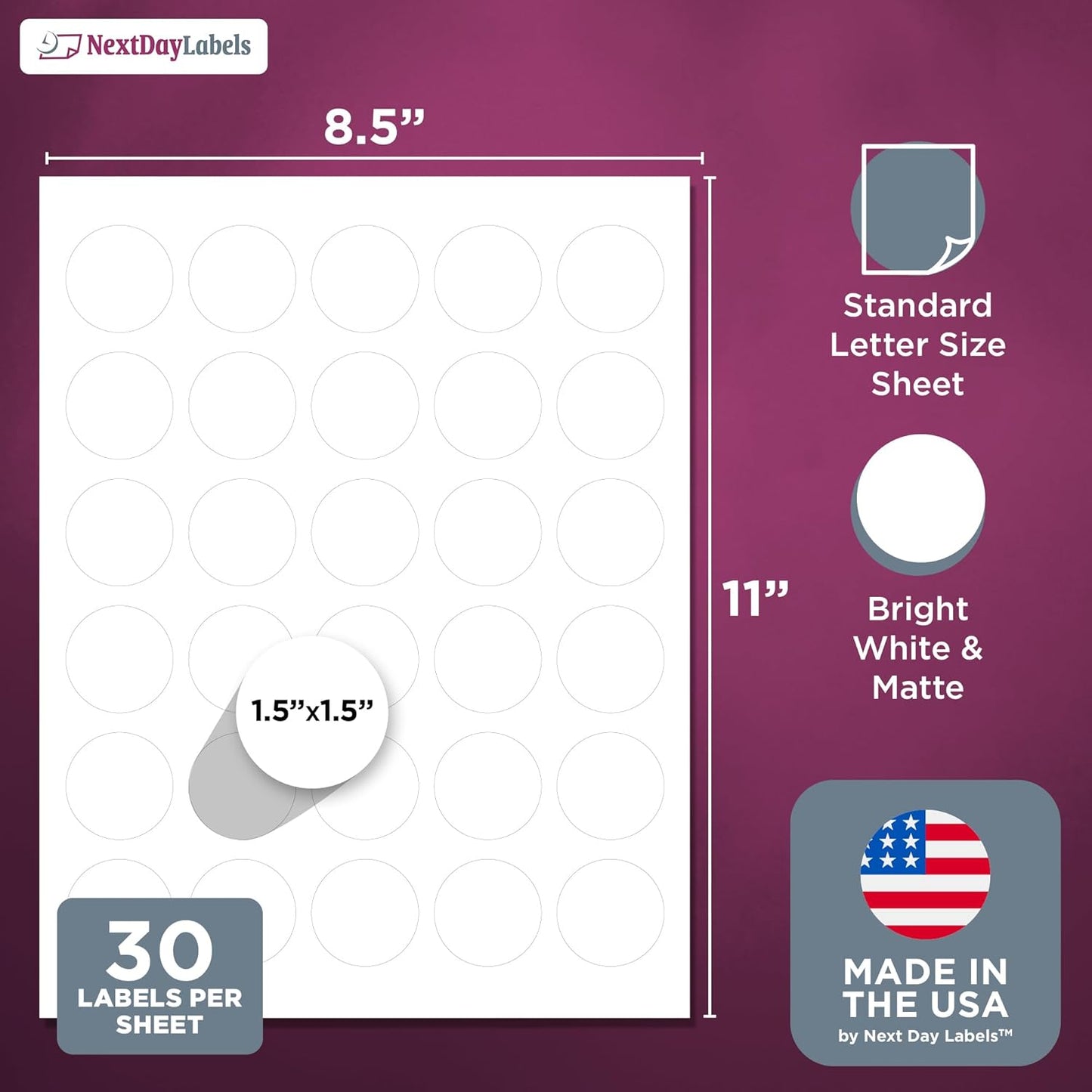NextDayLabels – 1.5 Inch Round Labels - Round Sticker Labels for Printer - Matte White Blank Laser/Inkjet Printer Labels - Circle Stickers Printable Labels (1000 Sheets, 30 Per Sheet, 30000 Labels)