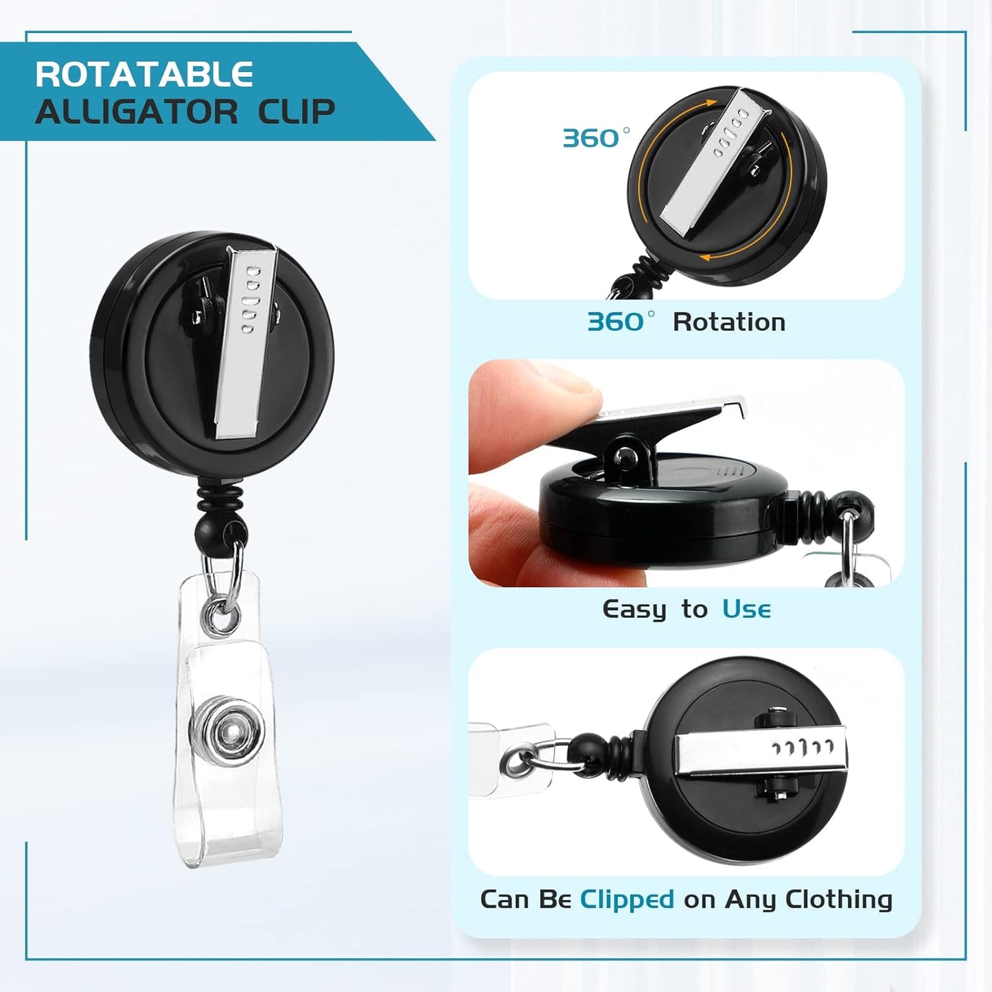 2 Pack Badge Reels Retractable with Swivel Alligator Clip Retractable Badge Holder Reel Clips for Teachers, Students, Office Workers (Black)