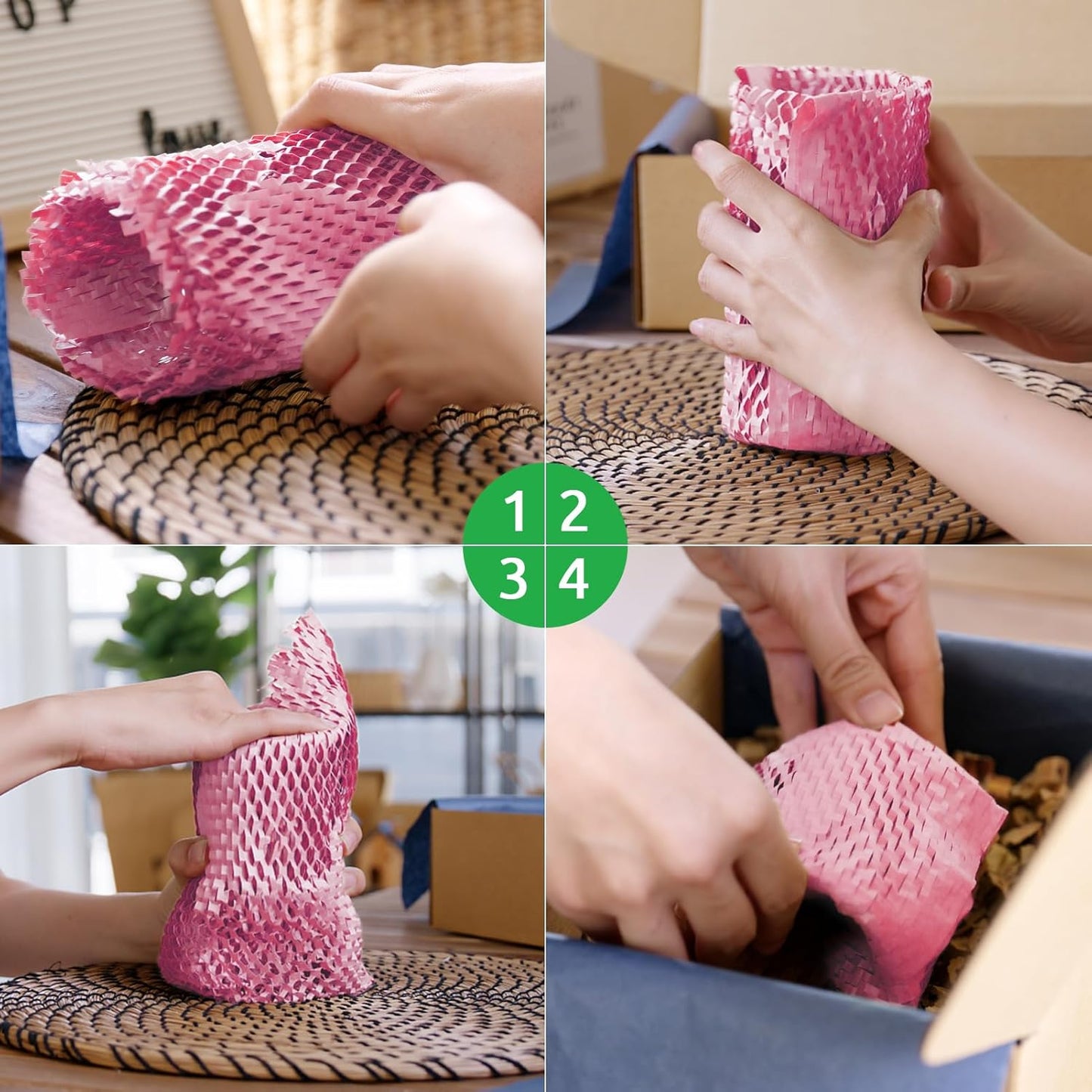 Honeycomb Packing Paper PINENUTS 15" x 131' Eco Friendly Packing Paper for Moving Recyclable Honeycomb Paper Bubble Paper Wrapping with 30 Fragile Sticker Labels and 66fthemp rope (Pink)